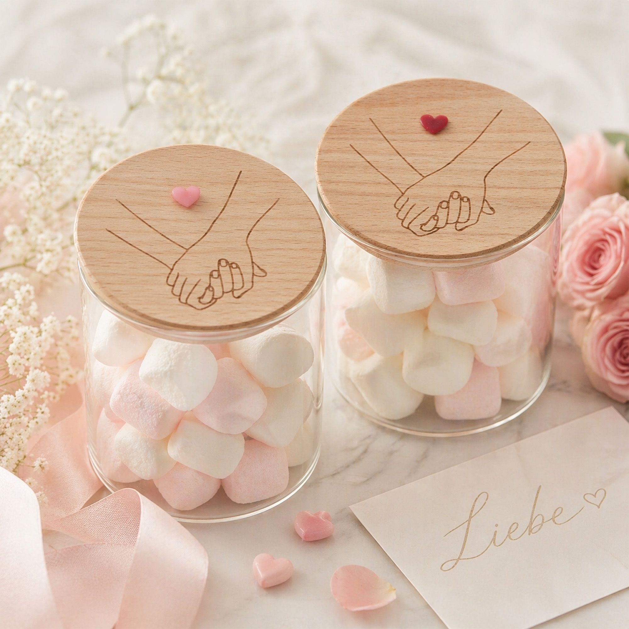 _glass jars, marshmallows, wood lid, handholding icon, pink white