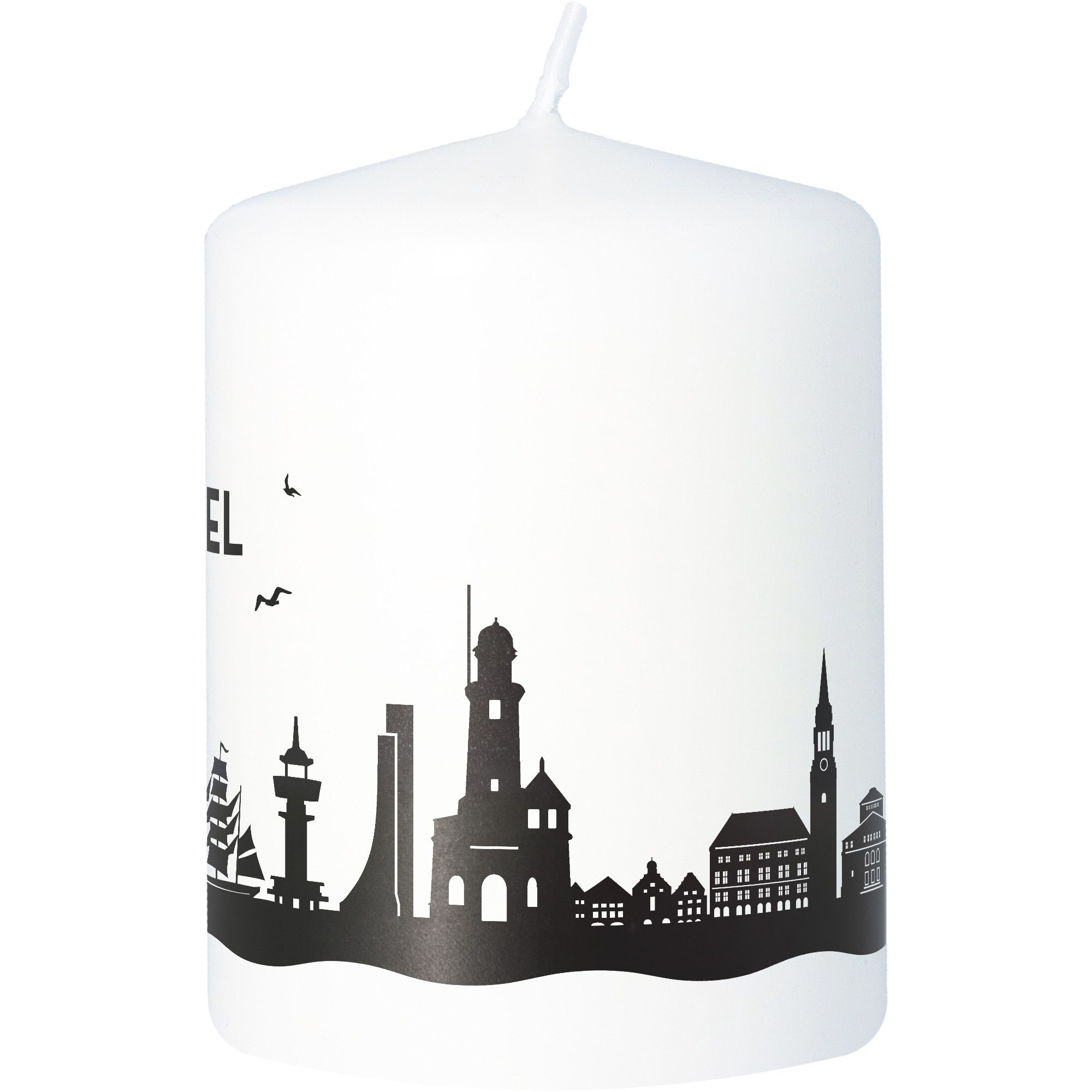 Stumpenkerze Skyline Kiel Weiß Stumpenkerze Skyline Kiel Weiß