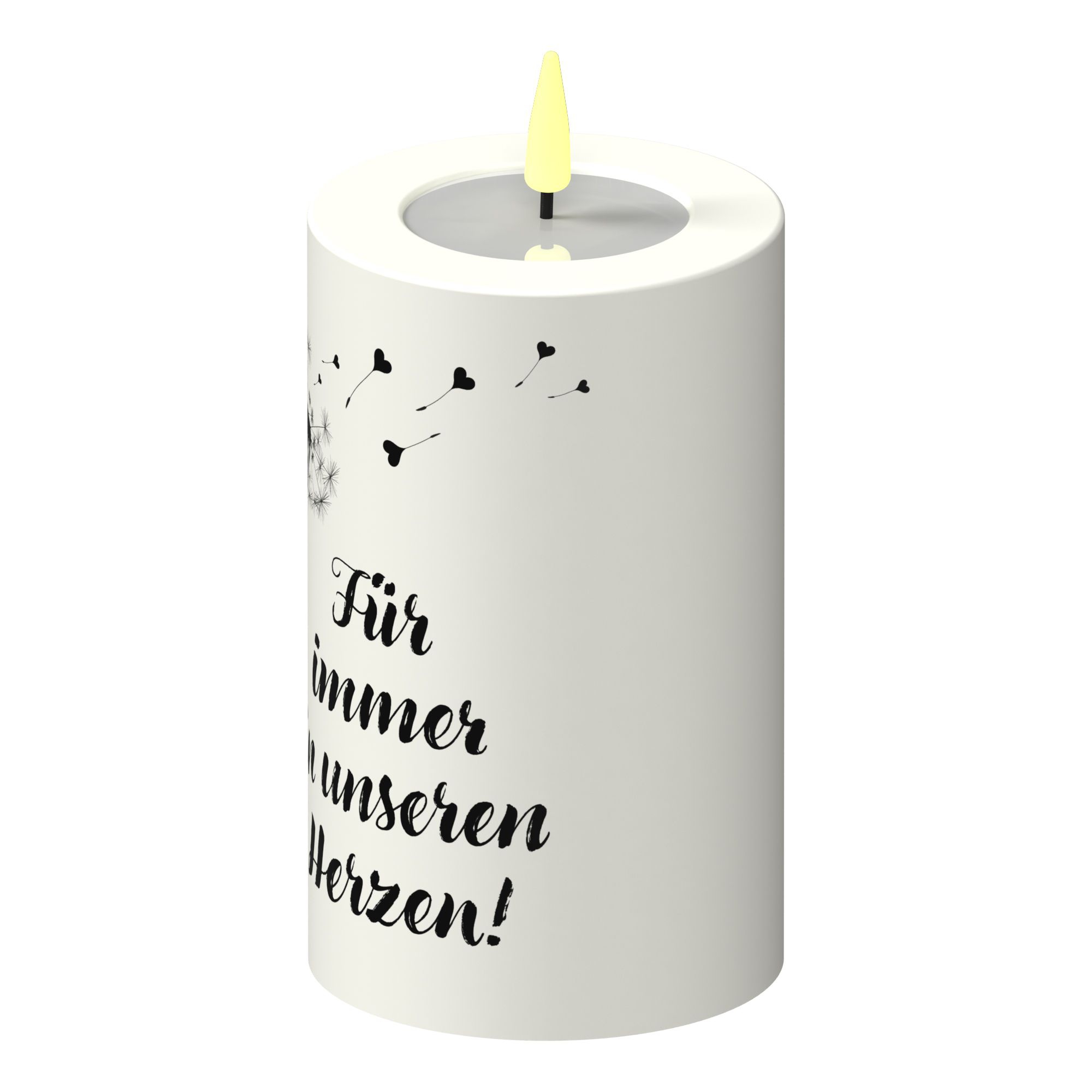 LED Stumpenkerze Weiß Pusteblume Herzen "Für immer in unseren Herzen" LED Stumpenkerze Weiß Pusteblume Herzen "Für immer in unseren Herzen"