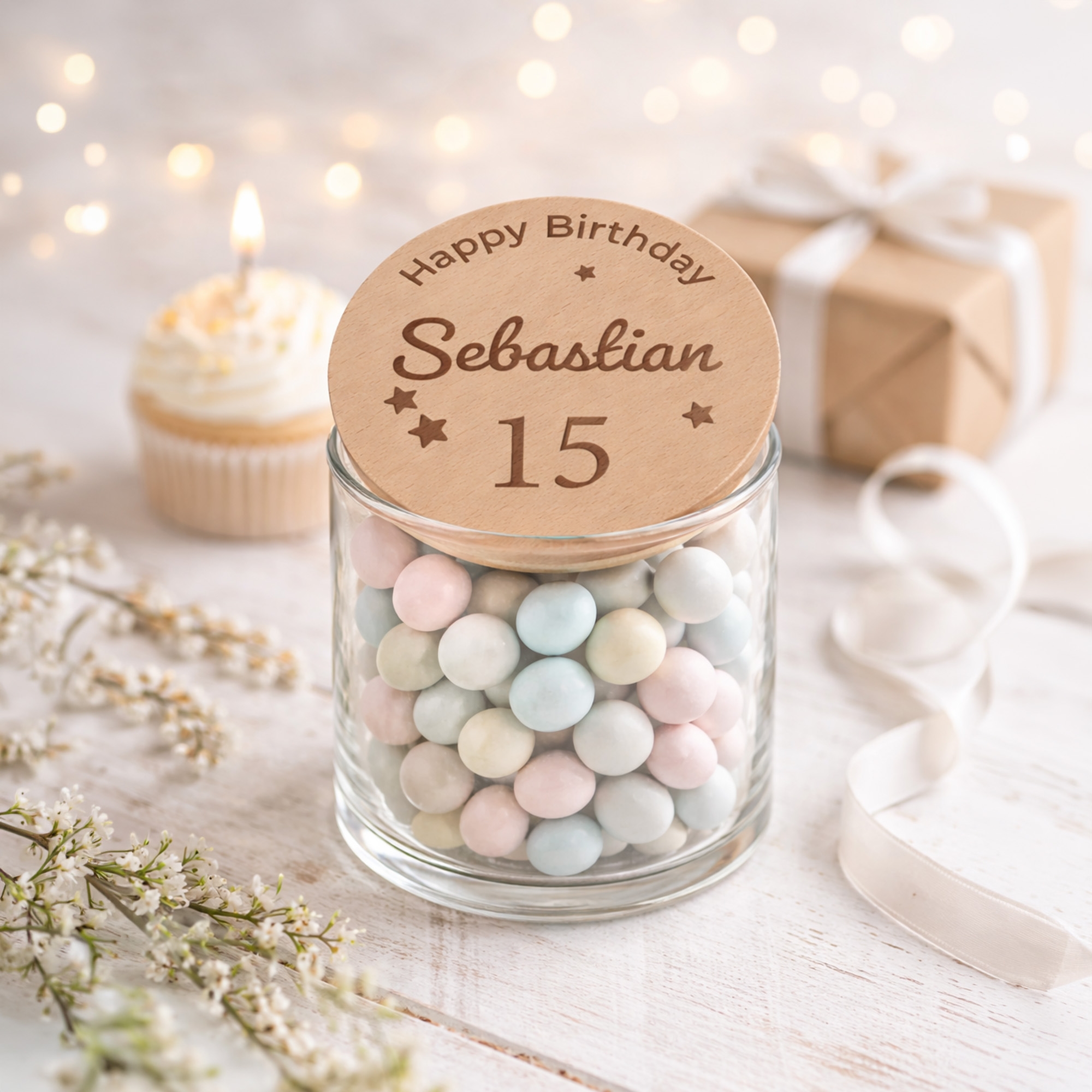 Glasbehälter, Süßigkeiten, Pastellkugeln, Geburtstagsglas, Personalisierte Dekoration