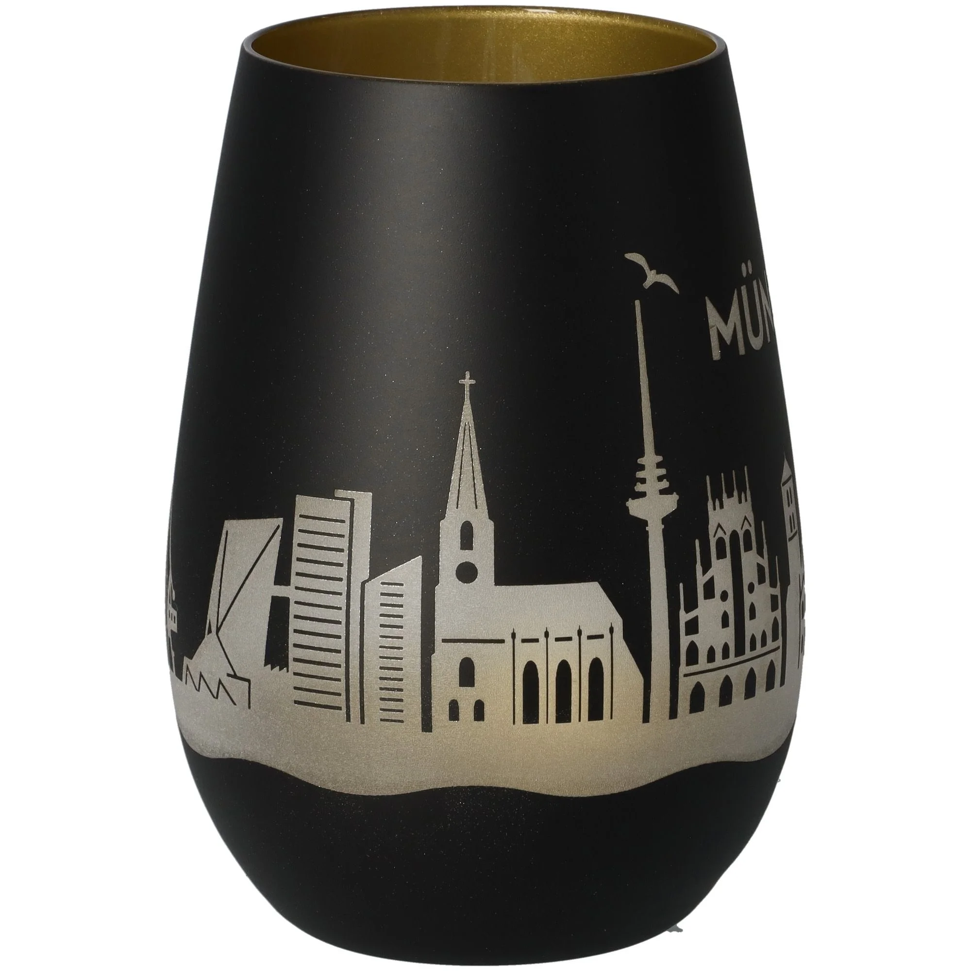 vase, schwarz, Stadt-Skyline, metallisch, goldenes Innenfinish