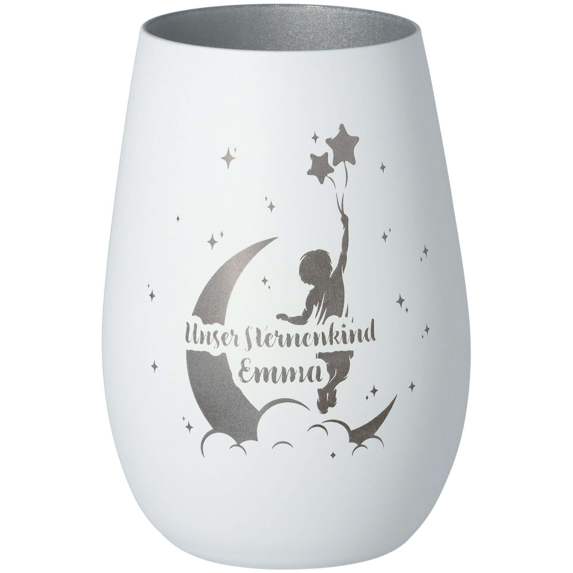 Windlicht Unser Sternenkind Weiß/Silber "Name" Windlicht Unser Sternenkind Weiß/Silber "Name"