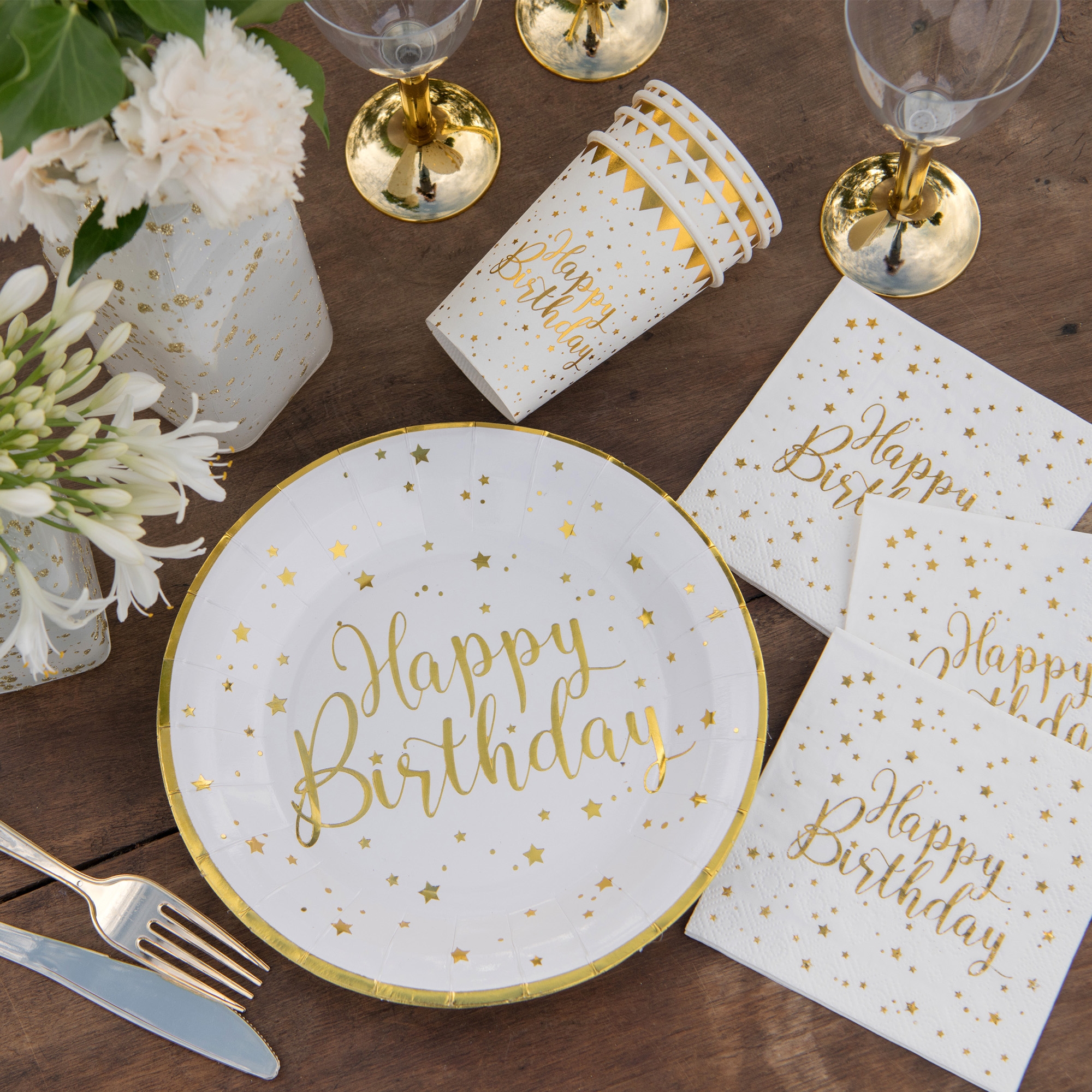 20 Cocktailservietten "Happy Birthday" Weiß/Gold Teller, Klebeband