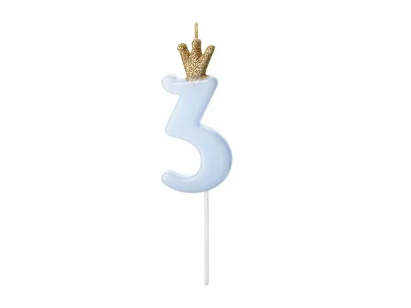 PartyDeco - Zahlenkerze "3 mit Krönchen" Pastellblau