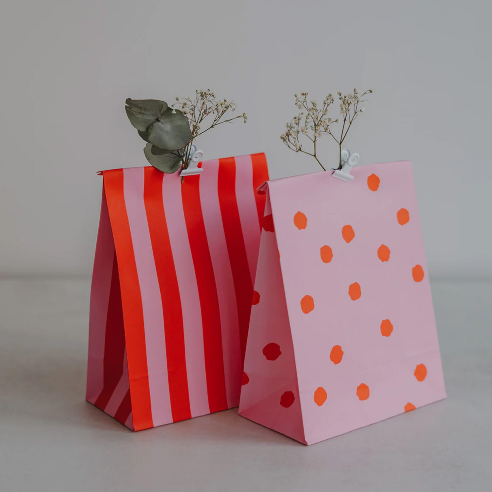 Eulenschnitt - 6er Set Papiertüten "Streifen & Punkte" Rosa S Geschenkverpackung, Geschenktüte, Papiertüte, Pink, Streifen/Punkte