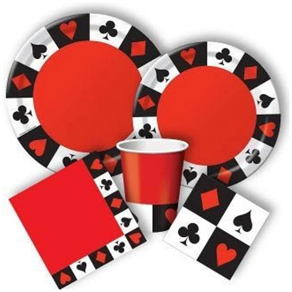 Pappbecher, Pappteller, Spielkartenmuster, Rot, Partyset