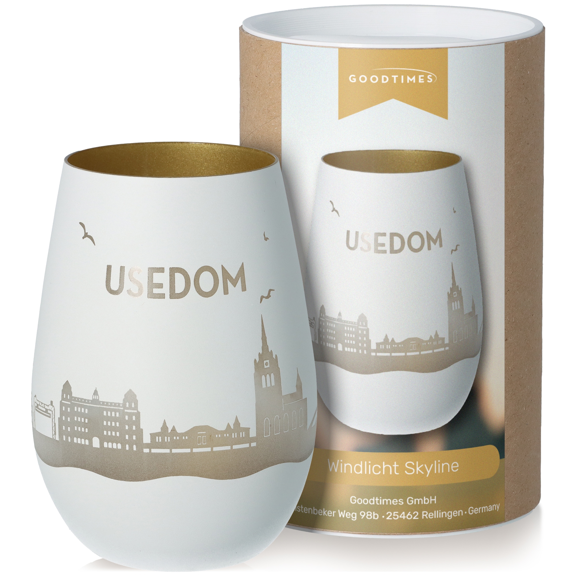 Windlicht Skyline Usedom Weiß/Gold Töpferei, Krug, Kunst, Porzellan, Tasse