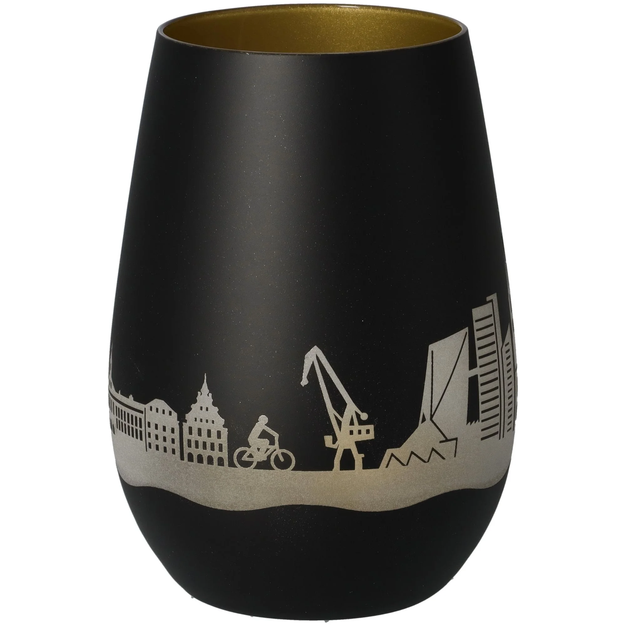 Vase, Schwarz, Silber-Print, Städtische Silhouette, Küchenzimmerdeko