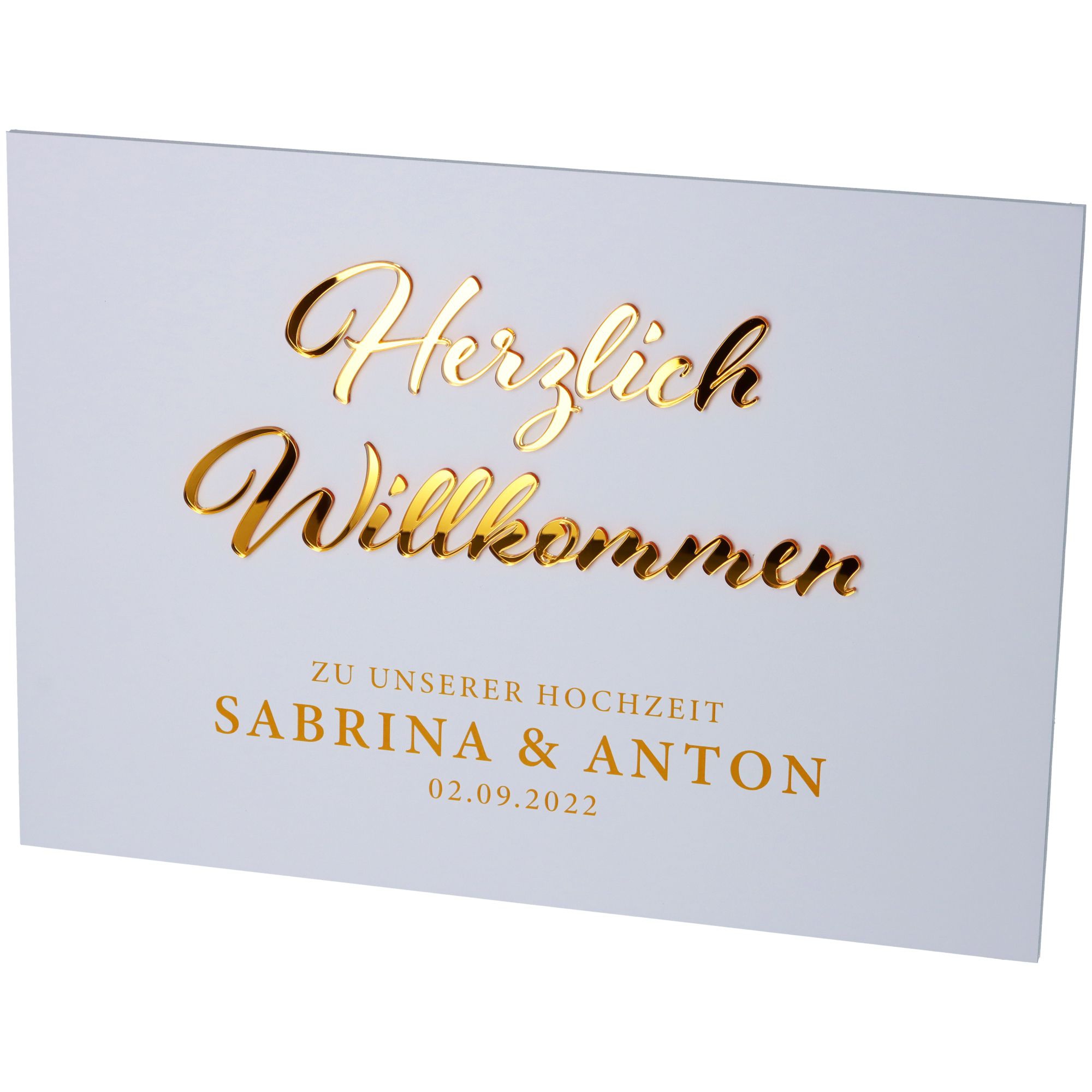 Willkommensschild Hochzeit "Namen & Datum" Gold Text, Visitenkarte, Papier