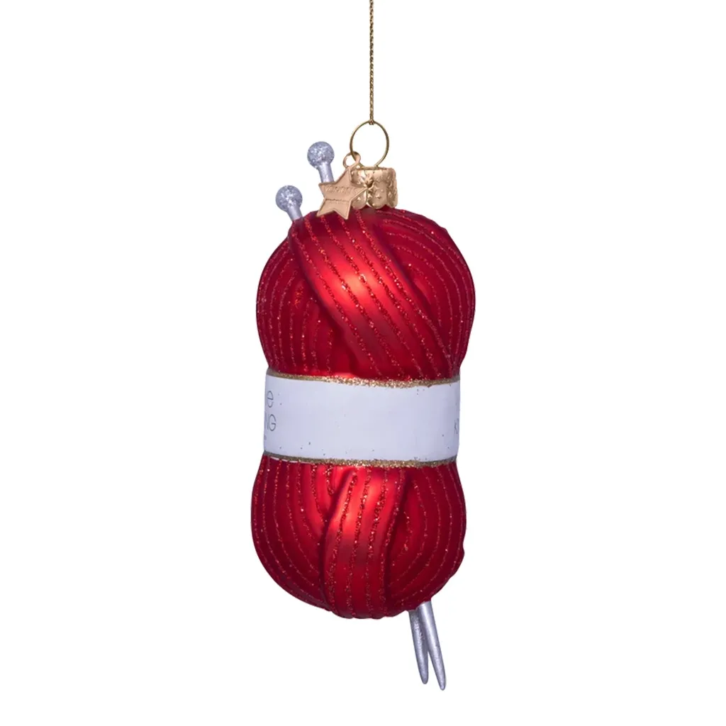 Weihnachtskugeln, Baumhänger, Rot, Glitzer, Wollknäuel