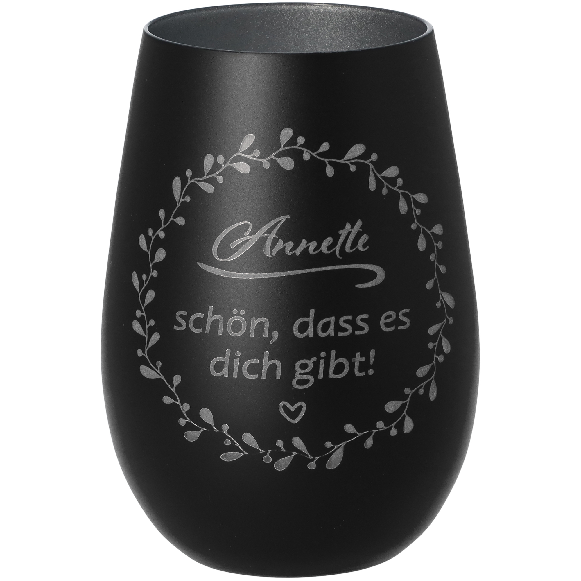 Windlicht Schön, dass es dich gibt "Name" Schwarz/Silber 465ml