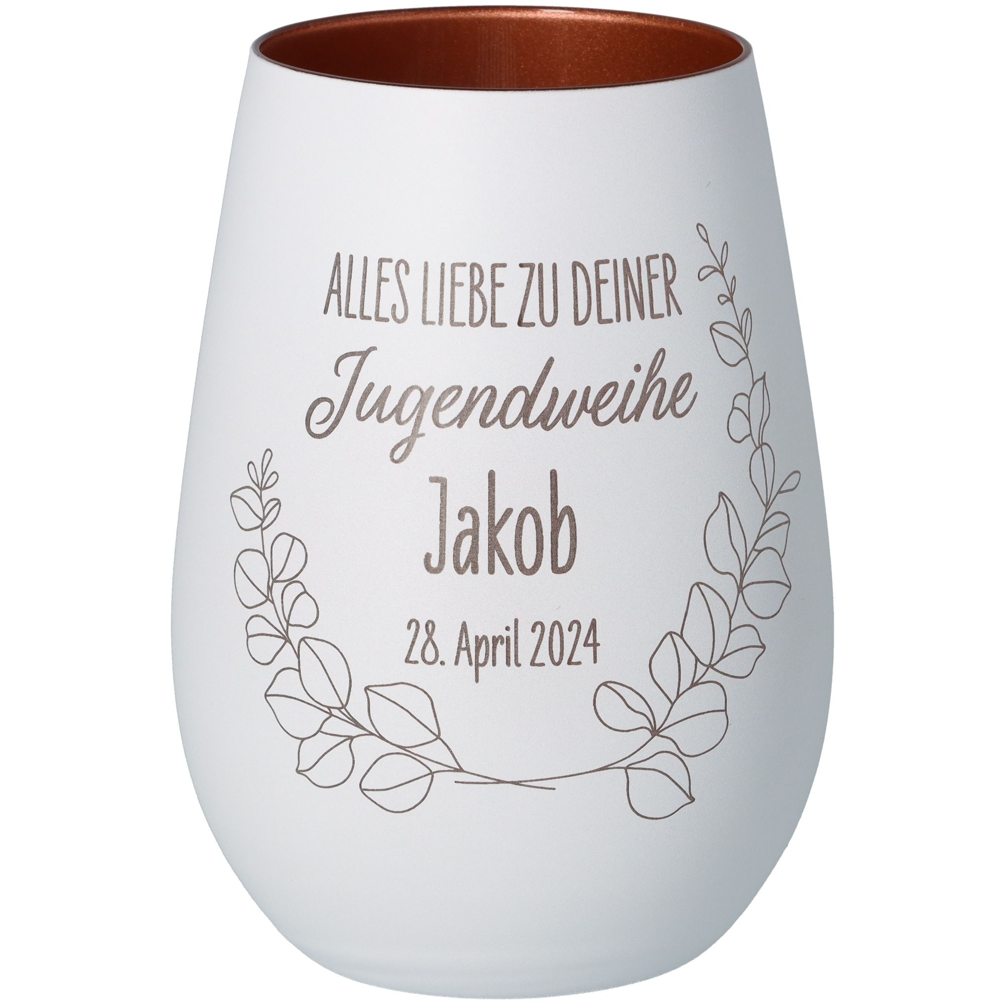 Windlicht Jugendweihe Weiß/Bronze "Name + Datum" Krug, Töpferei, Vase, Glas, Porzellan