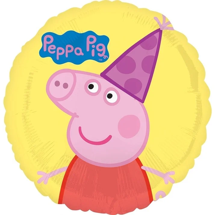 Peppa Pig, Balloon, Party hat, Gelbe Hintergrund, Rosa Figur
