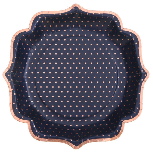 Glamour - 10 Pappteller Navyblau / Roségoldene Punkte