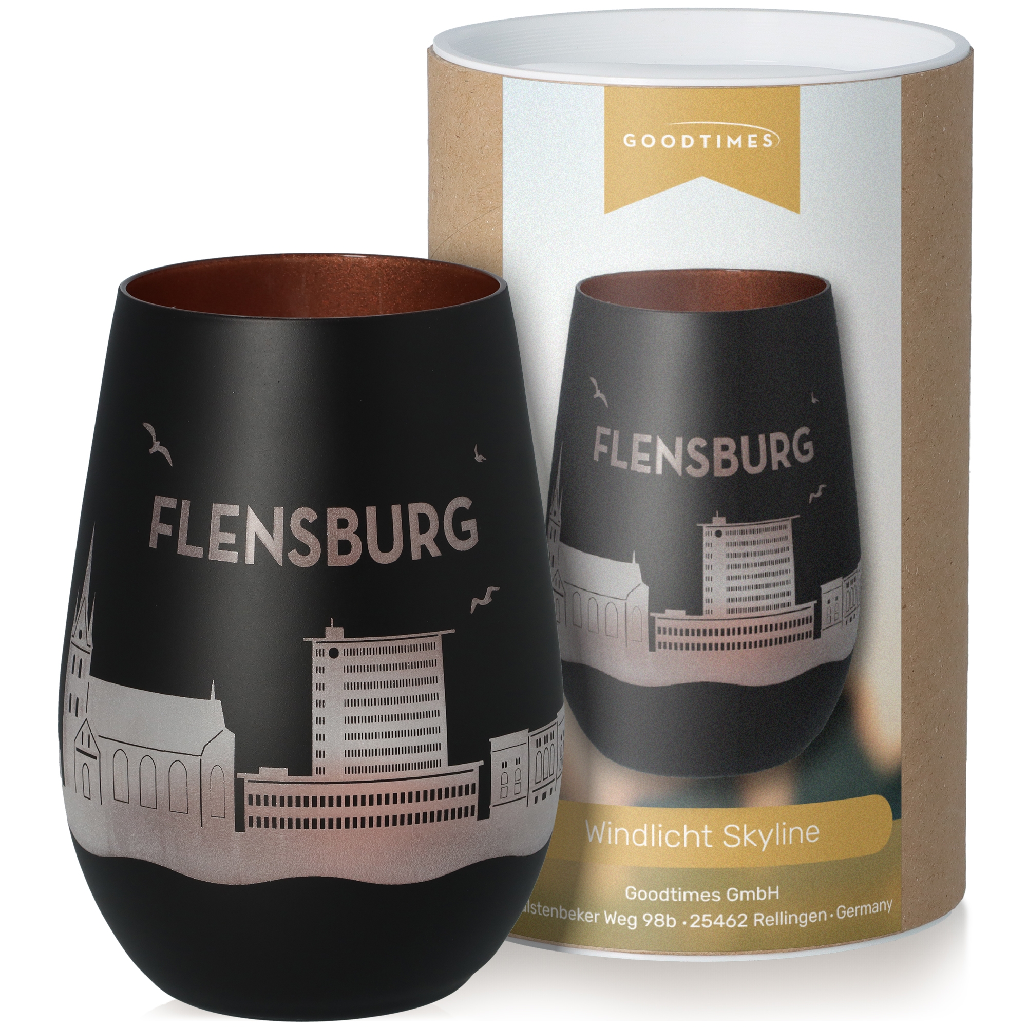 Windlicht Skyline Flensburg Schwarz/Bronze Krug, Tasse, Töpferei