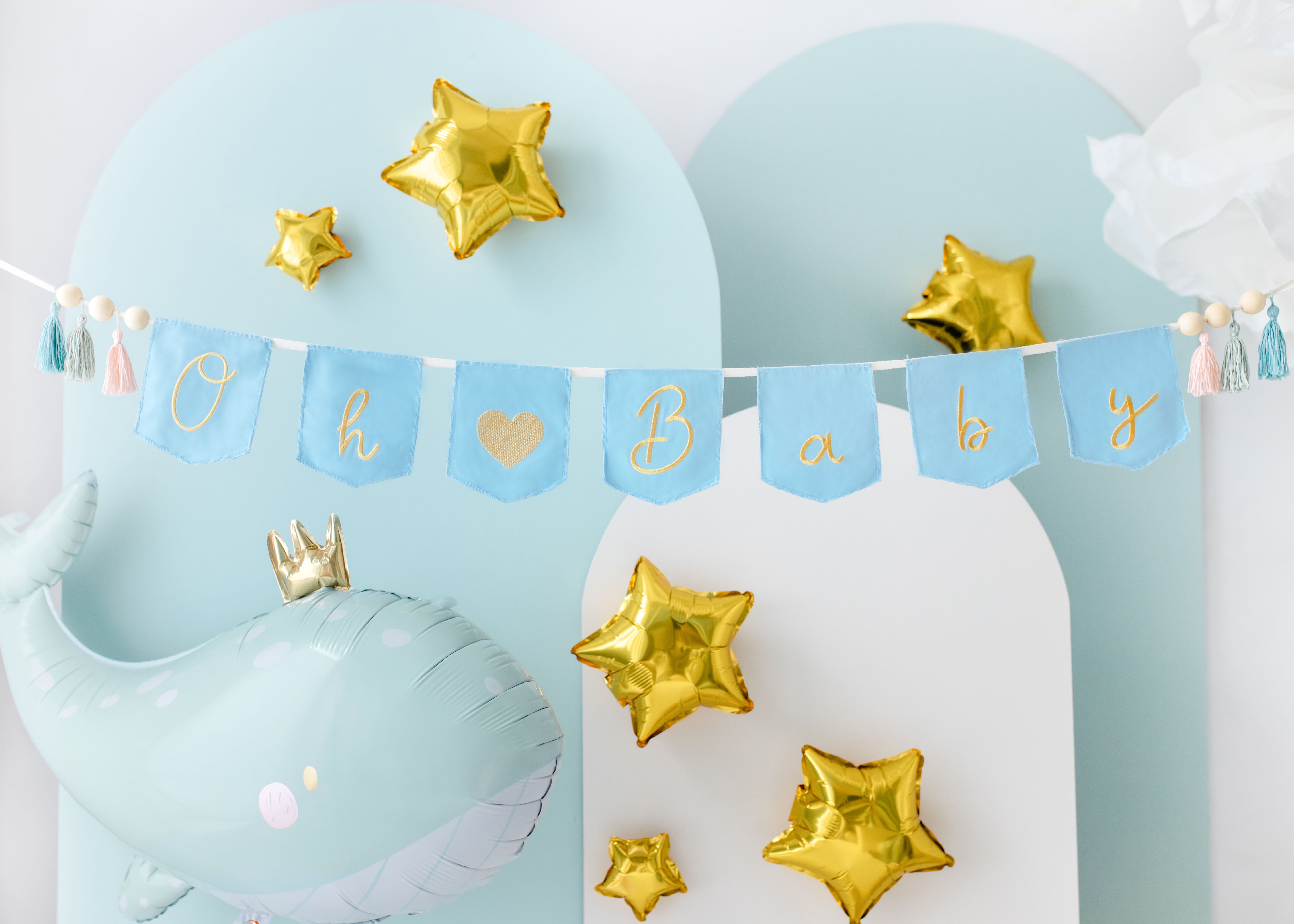 Stoffgirlande "Oh ♥ Baby" mit Tasseln Hellblau/Gold