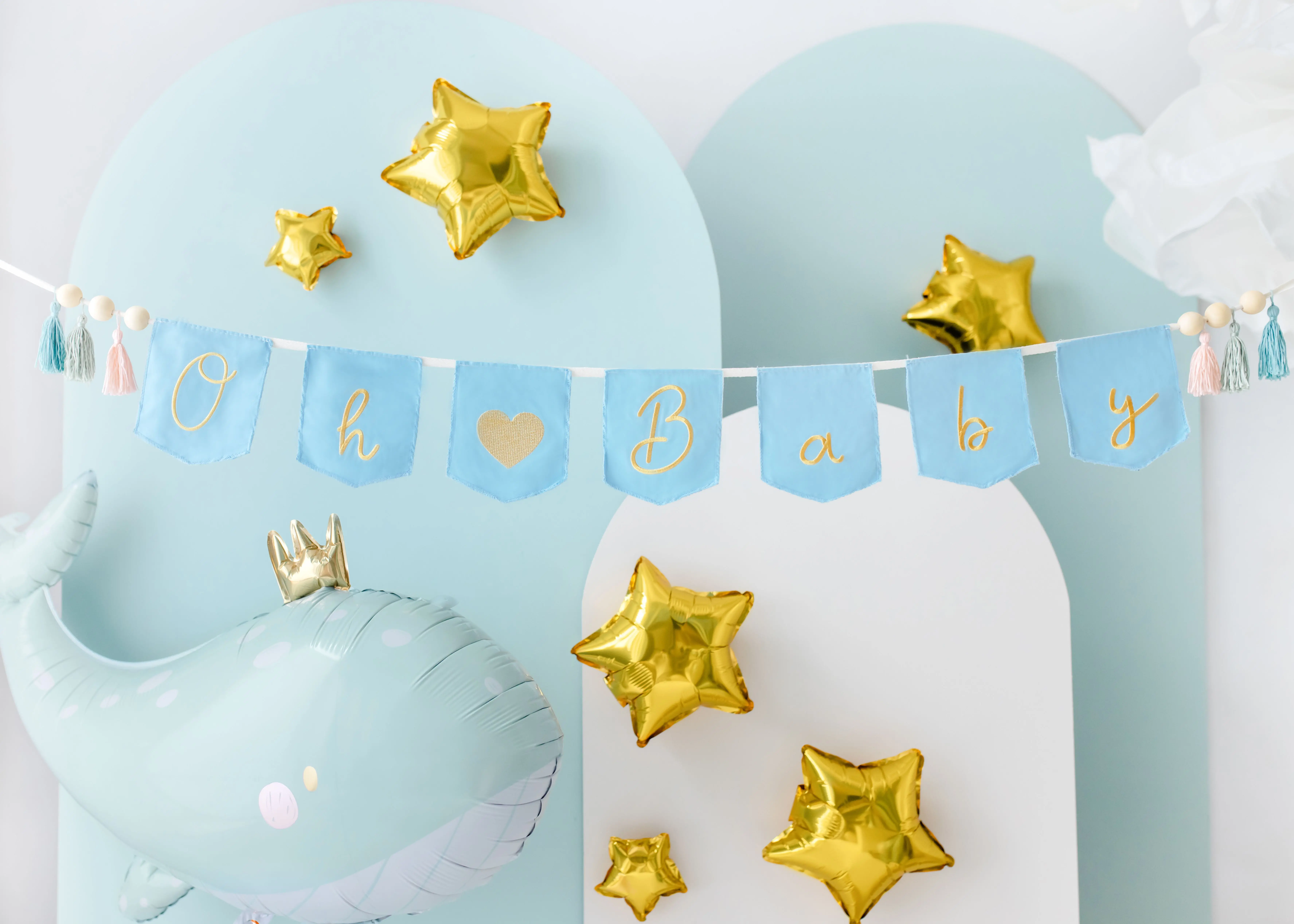 Stoffgirlande "Oh ♥ Baby" mit Tasseln Hellblau/Gold