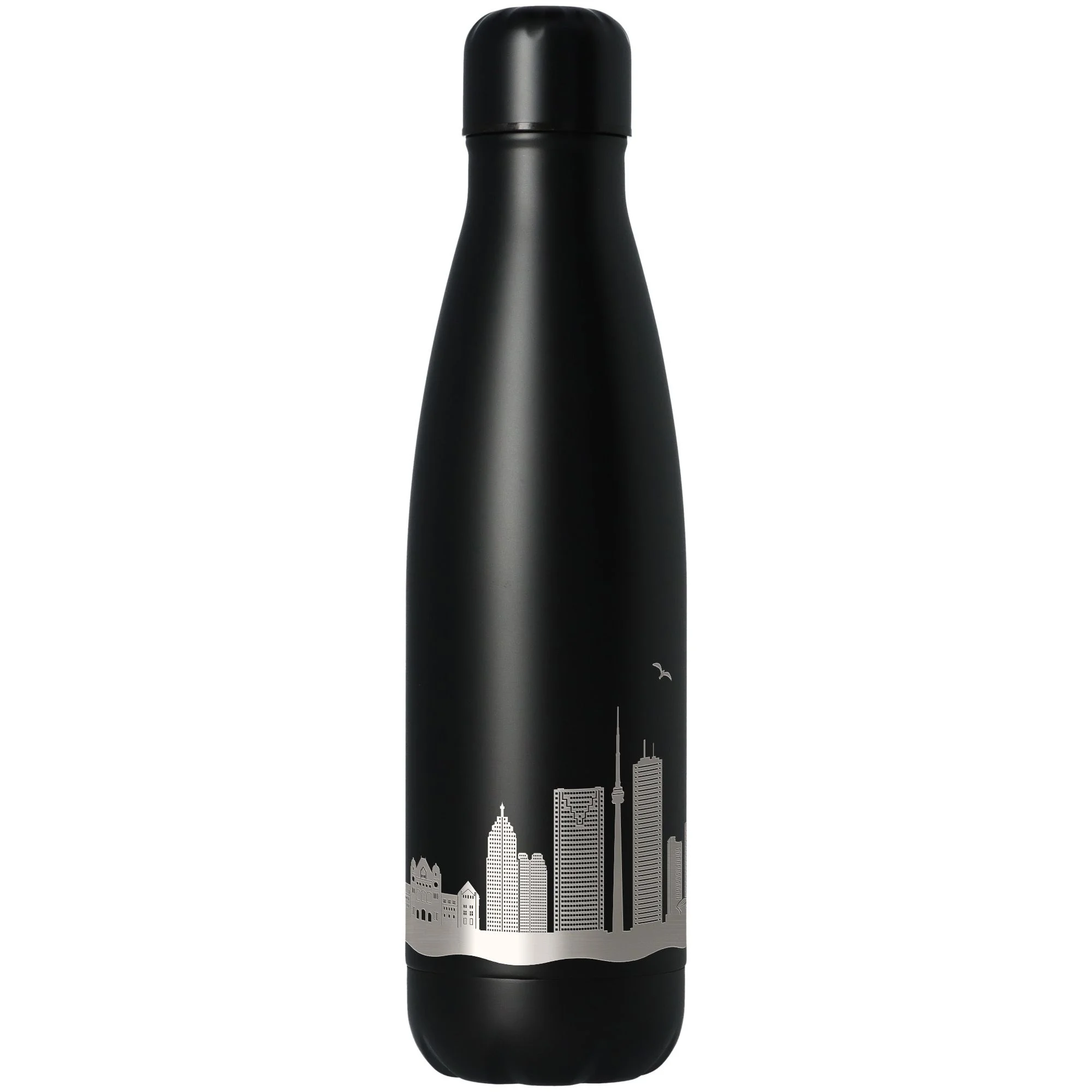 Thermflasche, Edelstahl, schwarze Flasche, Stadt-Skyline, auslaufsicherer Deckel
