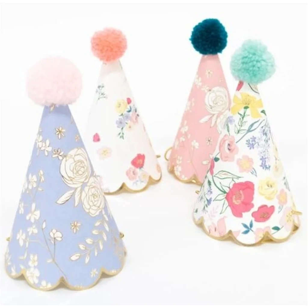 Party hats, Cone hats, Pom pom, Floral pattern, Pastel colors