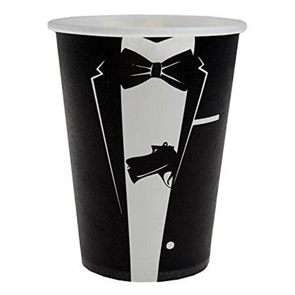 Teller, Kaffeebecher, Tuxedo-Design, Schwarz-Weiß, Fliege