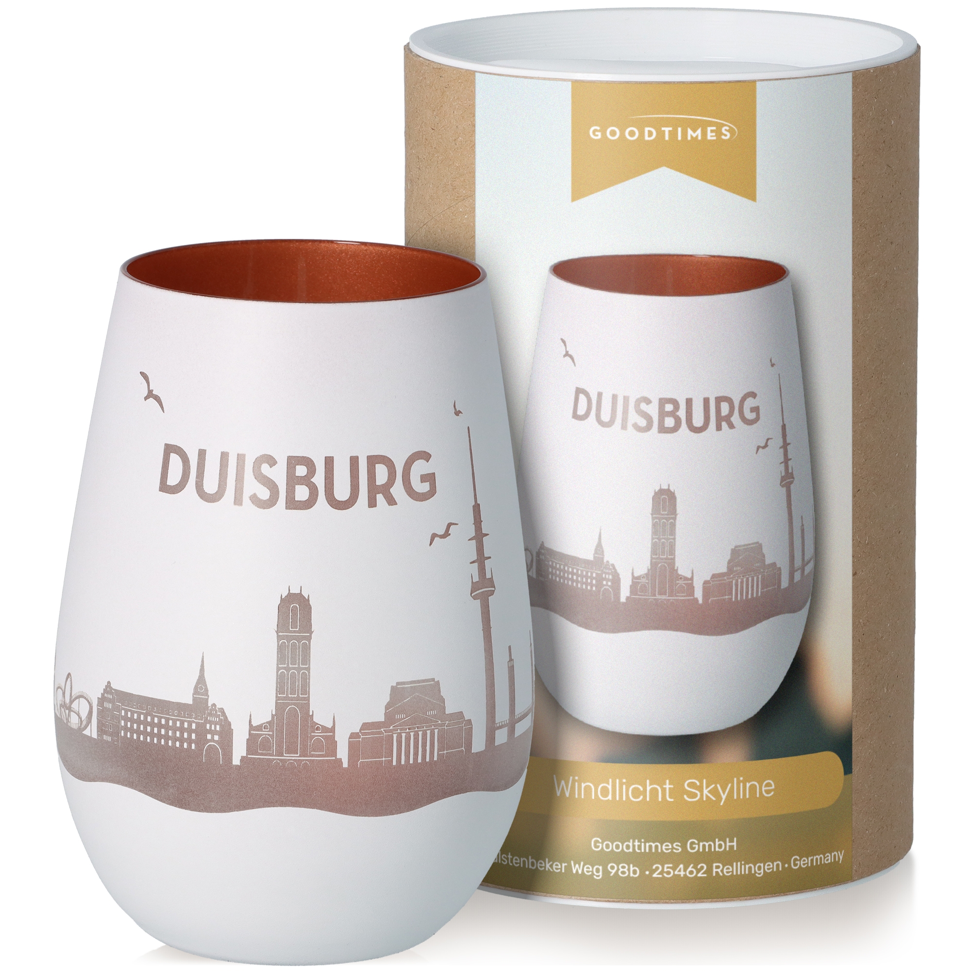 Windlicht Skyline Duisburg Weiß/Bronze Töpferei, Tasse, Kunst, Porzellan