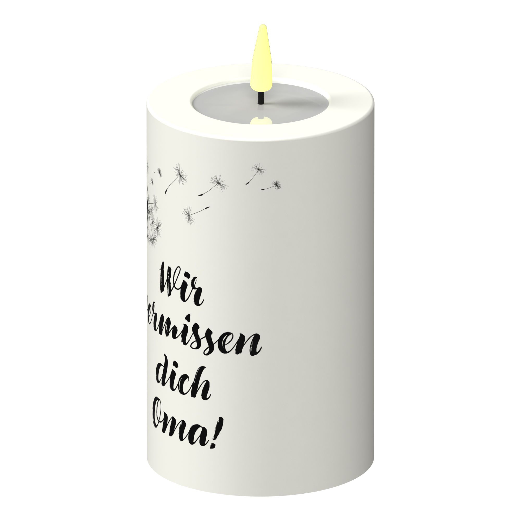LED Stumpenkerze Weiß Pusteblume "Wir vermissen dich Oma!" LED Stumpenkerze Weiß Pusteblume "Wir vermissen dich Oma!"