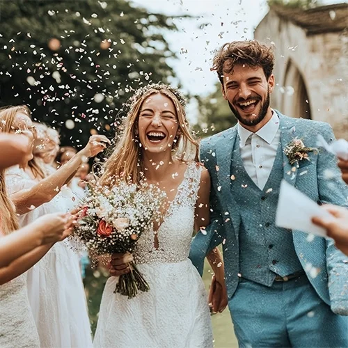 Hochzeit, Braut, Bräutigam, Brautstrauß, Konfetti