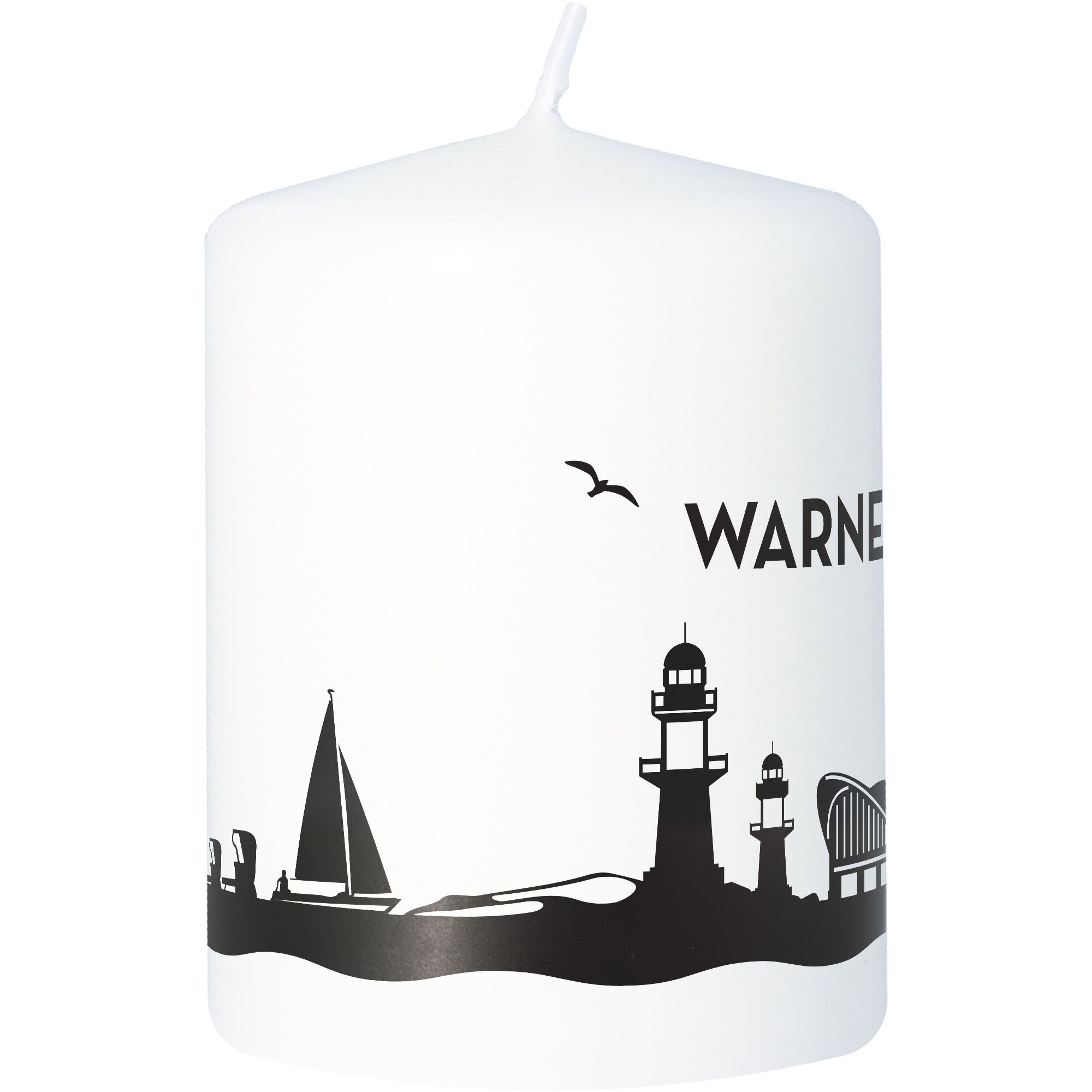 Stumpenkerze Skyline Warnemünde Weiß Stumpenkerze Skyline Warnemünde Weiß