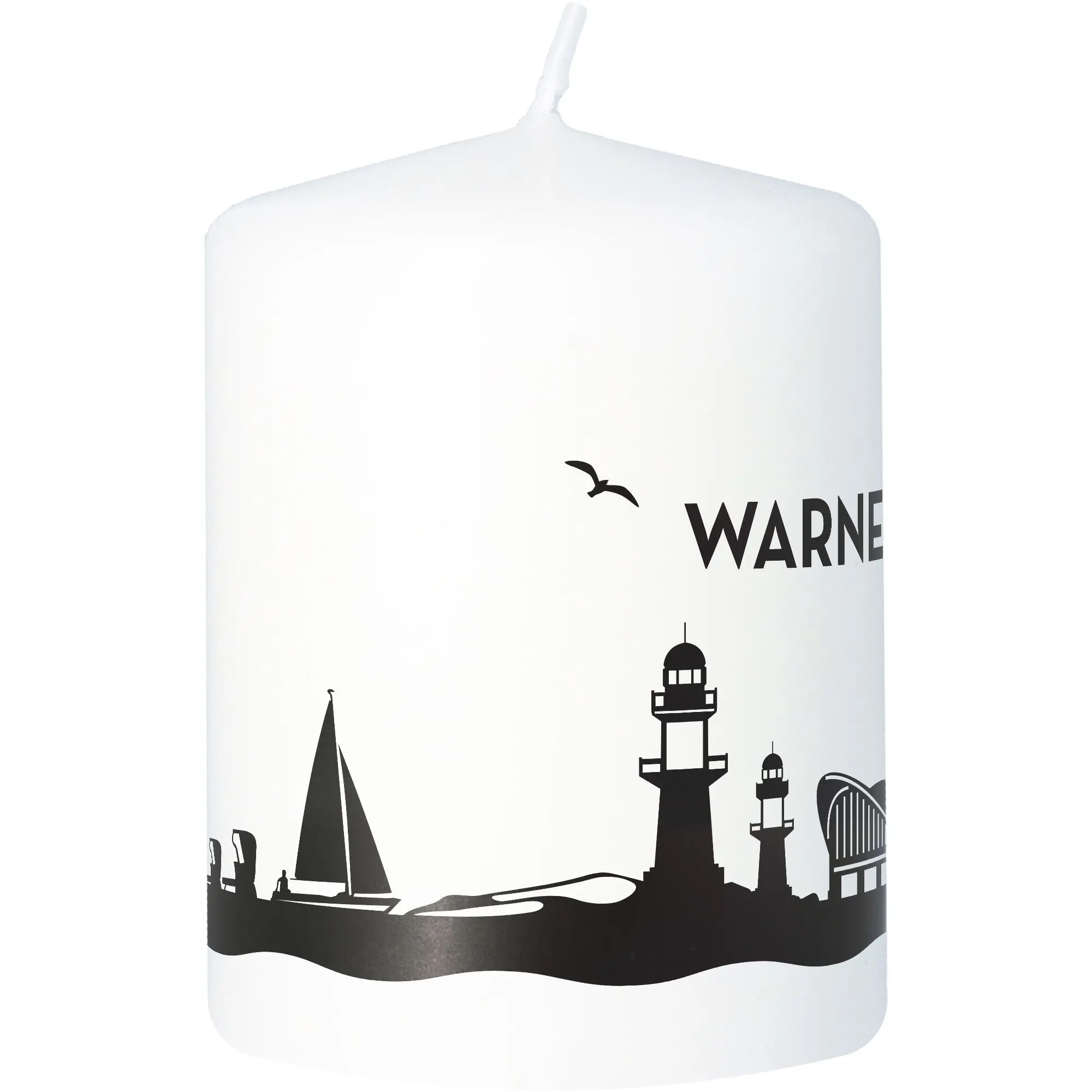 Stumpenkerze Skyline Warnemünde Weiß