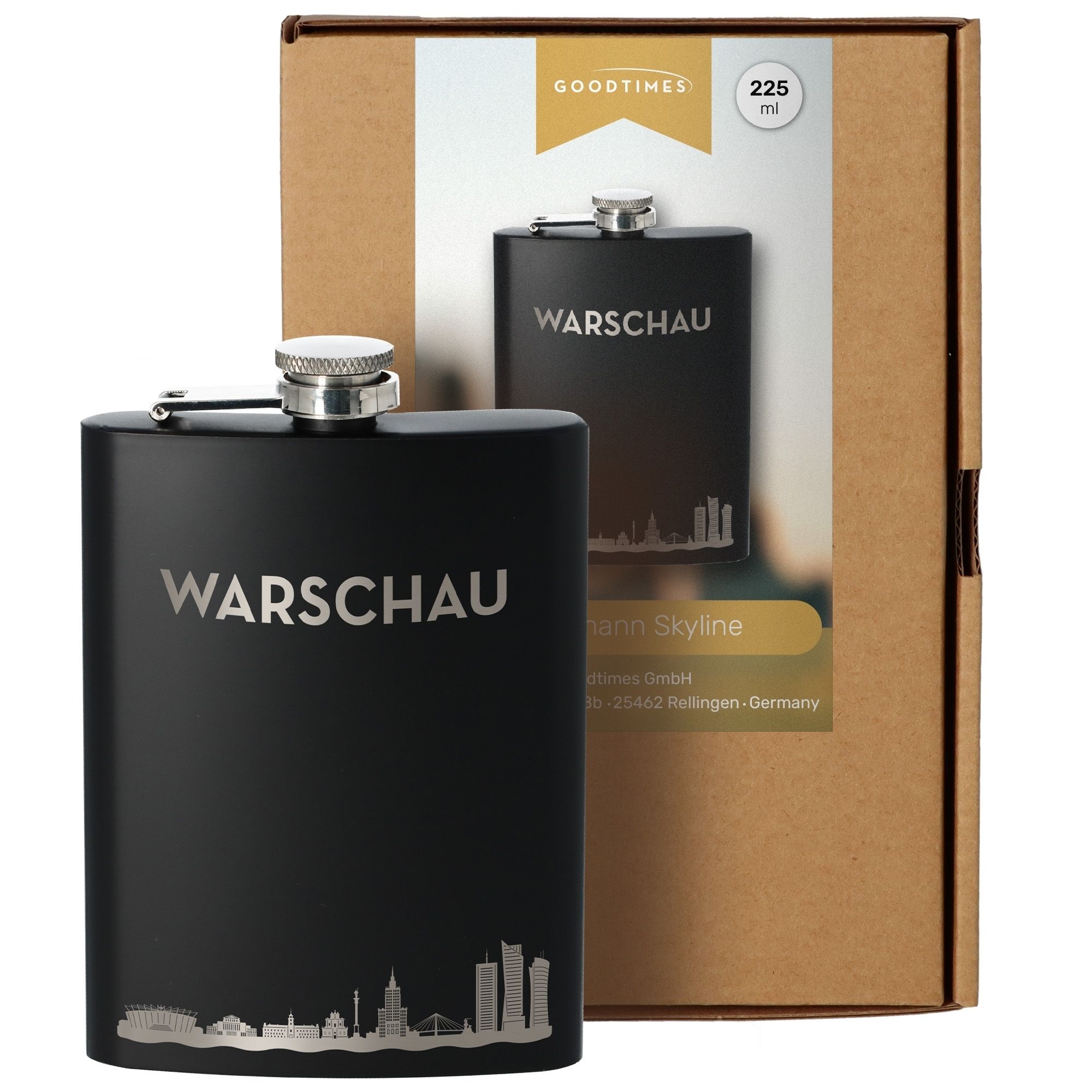 Flachmann, Trinkflasche, Edelstahl, Schwarz, Weltstadt-Silhouette