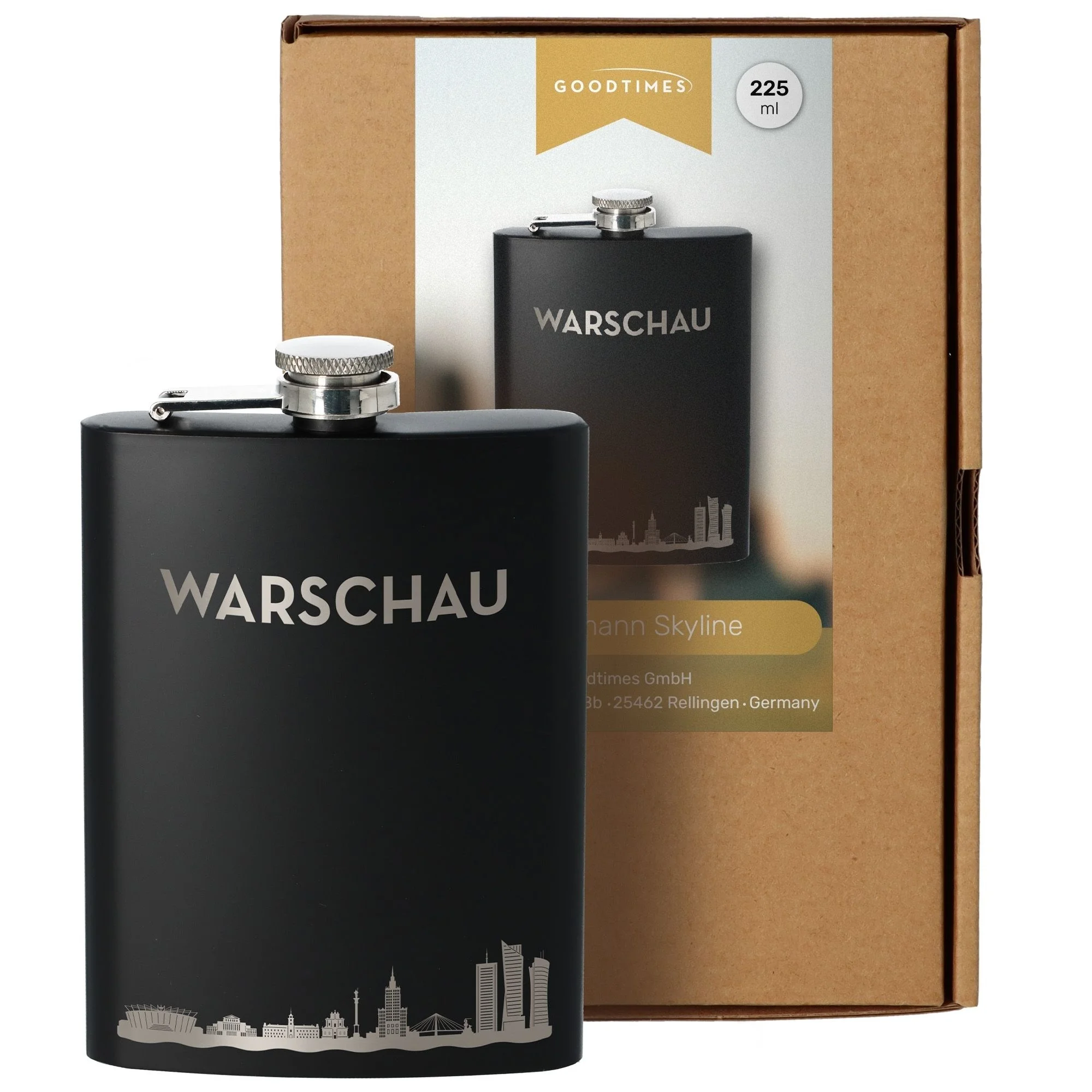 Flachmann, Trinkflasche, Edelstahl, Schwarz, Weltstadt-Silhouette