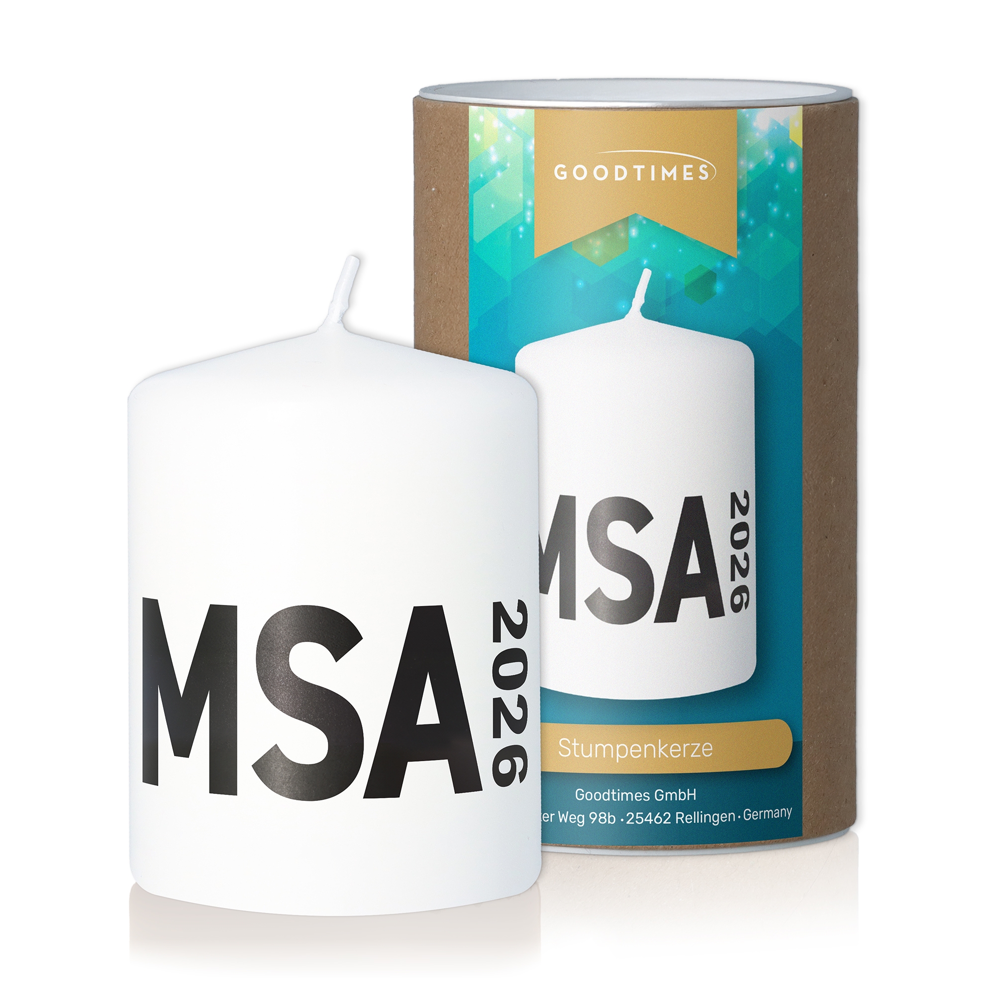 Stumpenkerze Weiß "MSA 2026" Kerze
