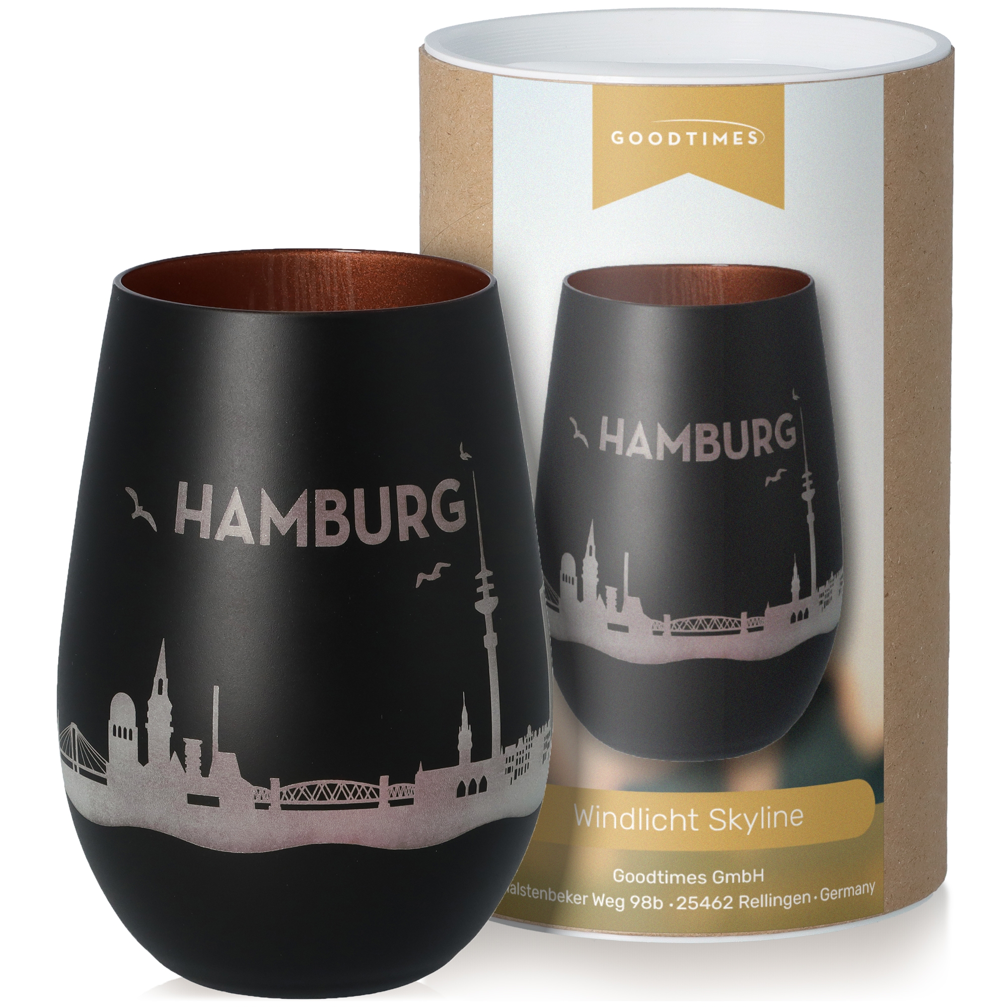 Windlicht Skyline Hamburg Schwarz/Bronze Krug, Töpferei, Tasse, Vase