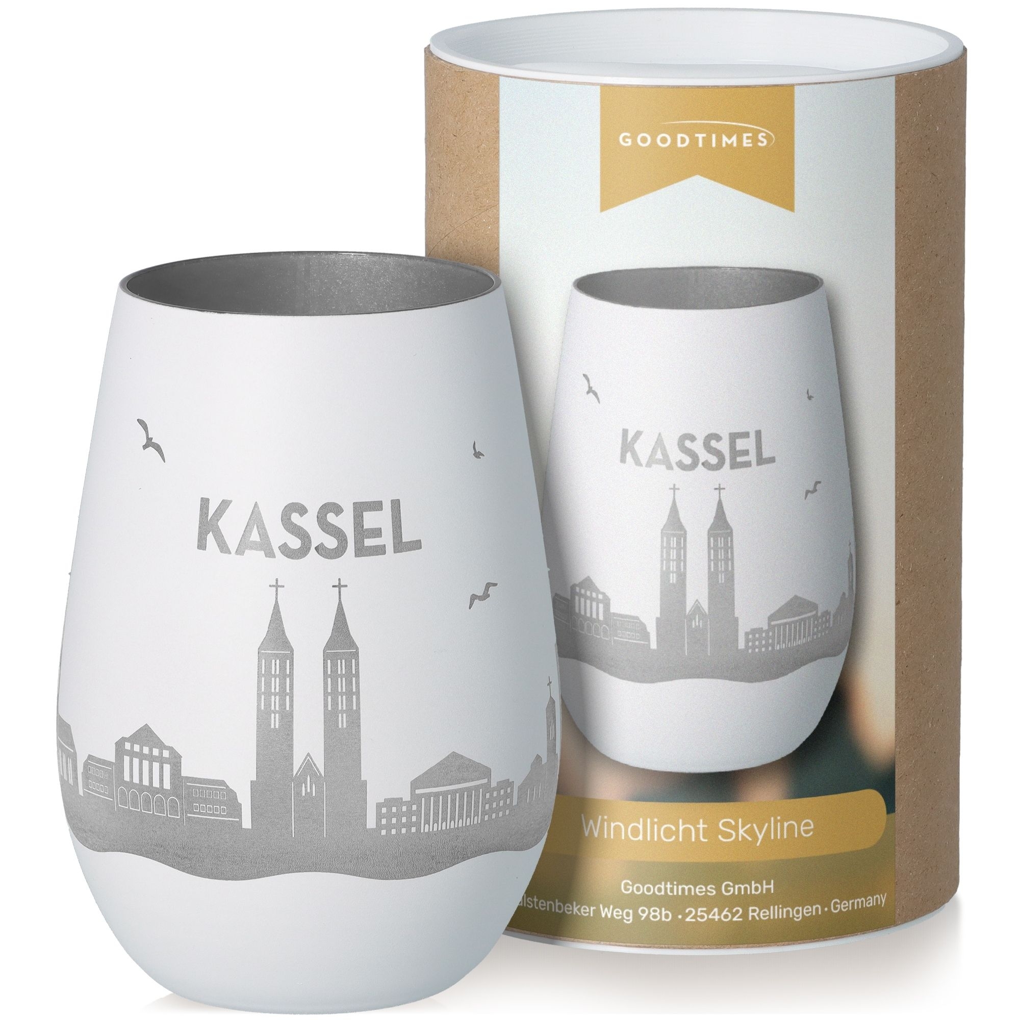 Windlicht Skyline Kassel Weiß/Silber Töpferei, Krug, Vase, Tasse, Glas
