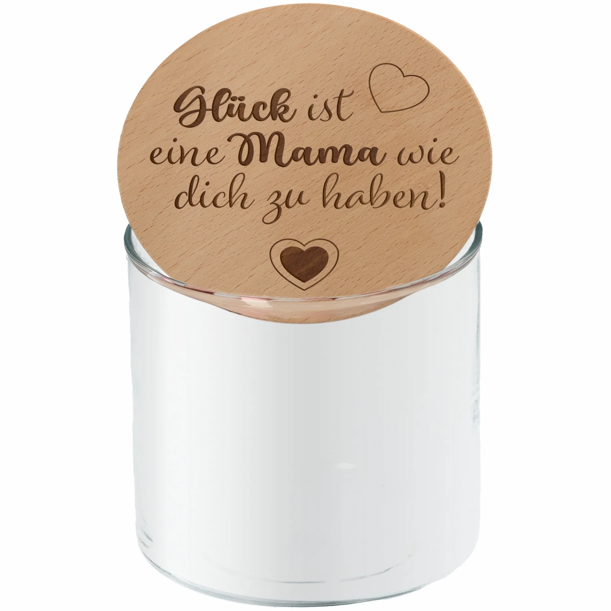 gläserner Behälter, Glasdose, Holzdeckel, Holzdeckel mit Schrift, Herz-Dekor