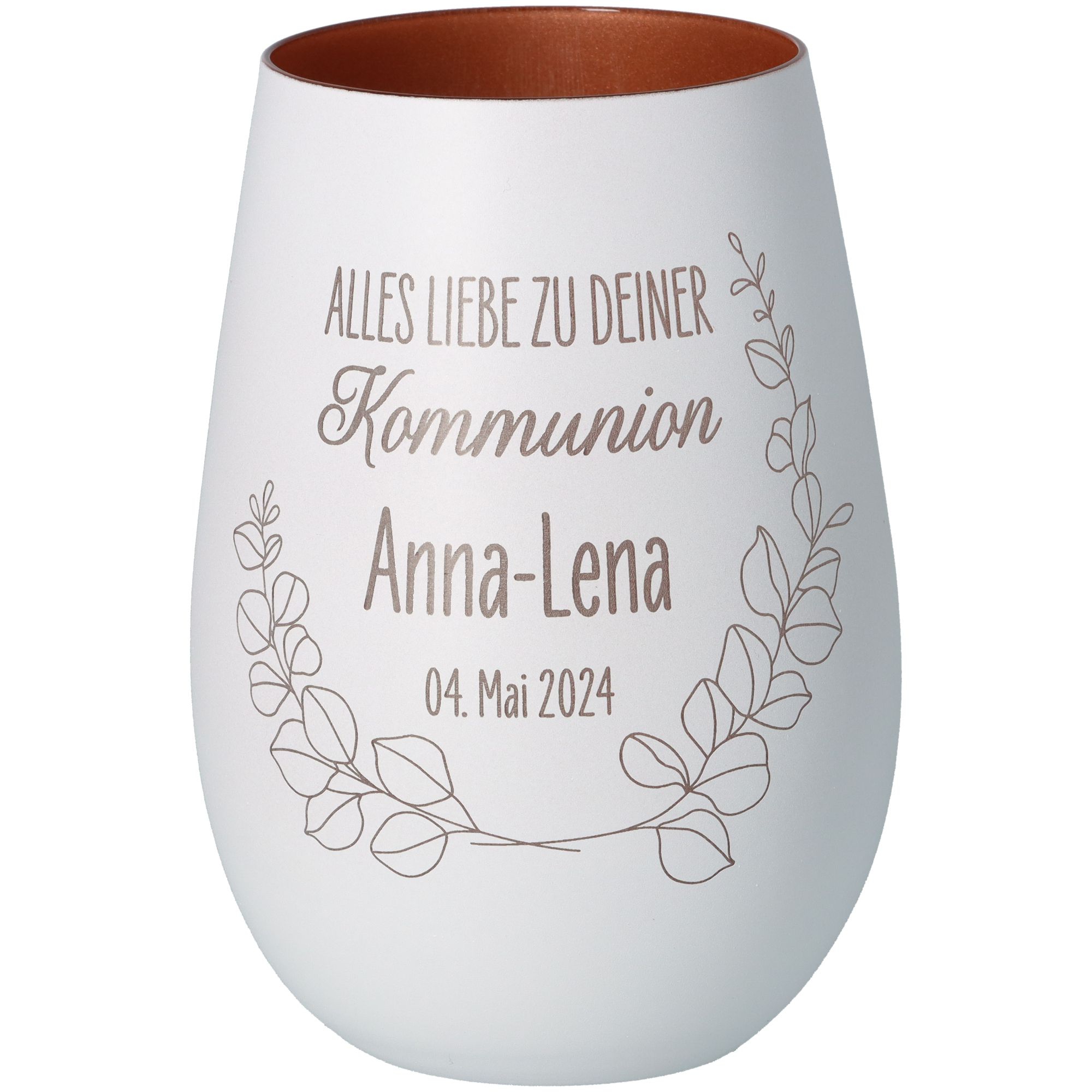 Windlicht Kommunion Weiß/Bronze "Name + Datum" Windlicht Kommunion Weiß/Bronze "Name + Datum"