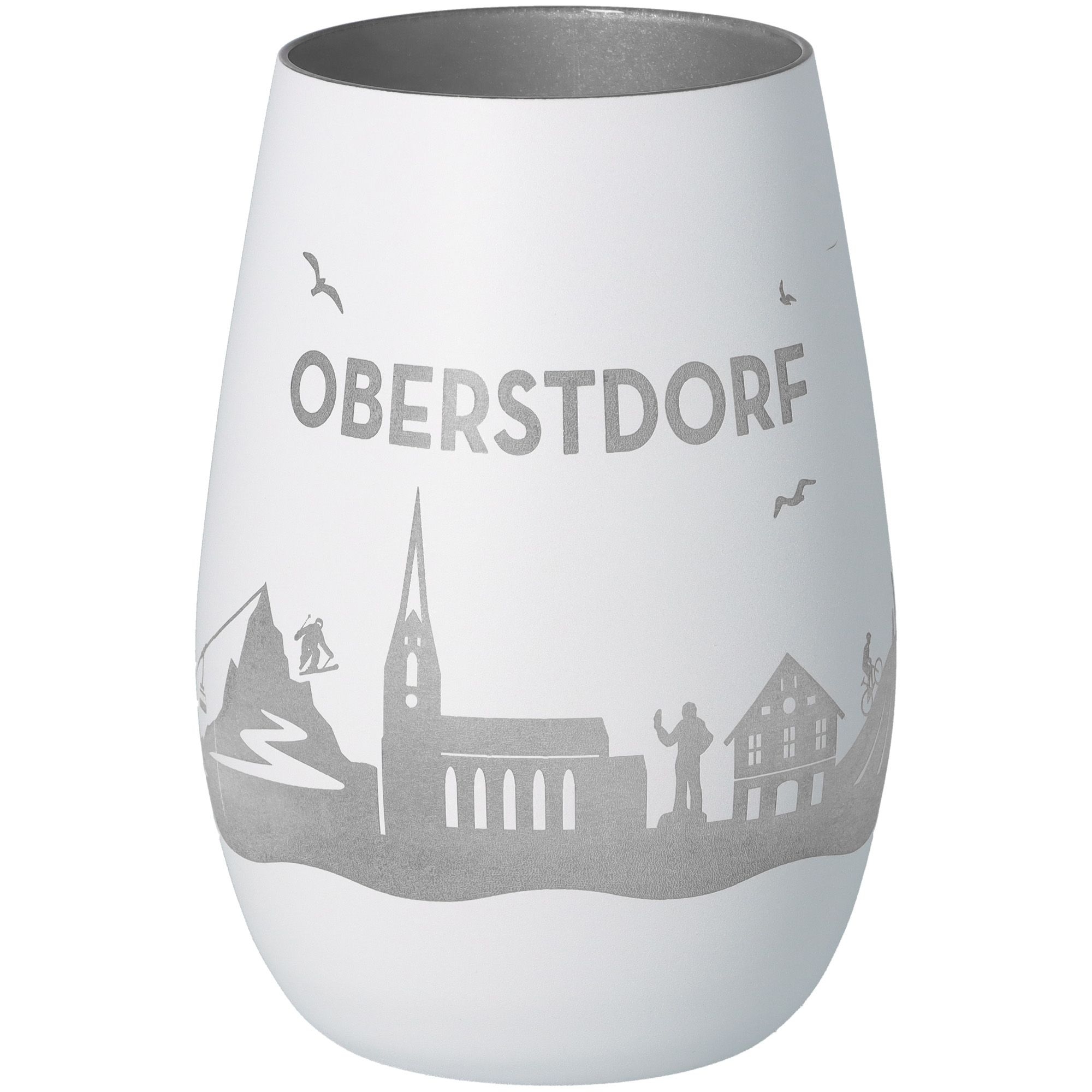 Windlicht Skyline Oberstdorf Weiß/Silber Töpferei, Krug, Glas, Vase, Person