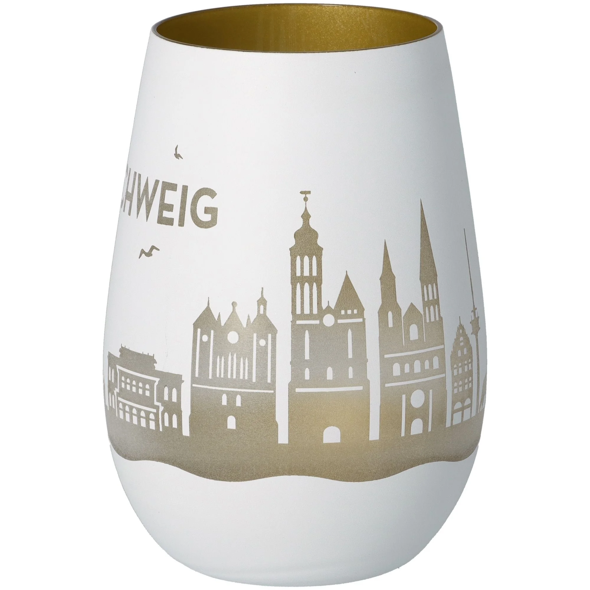 Kegelvasen, Stadtsilhouette, Keramikvase, Weiß, Goldrand
