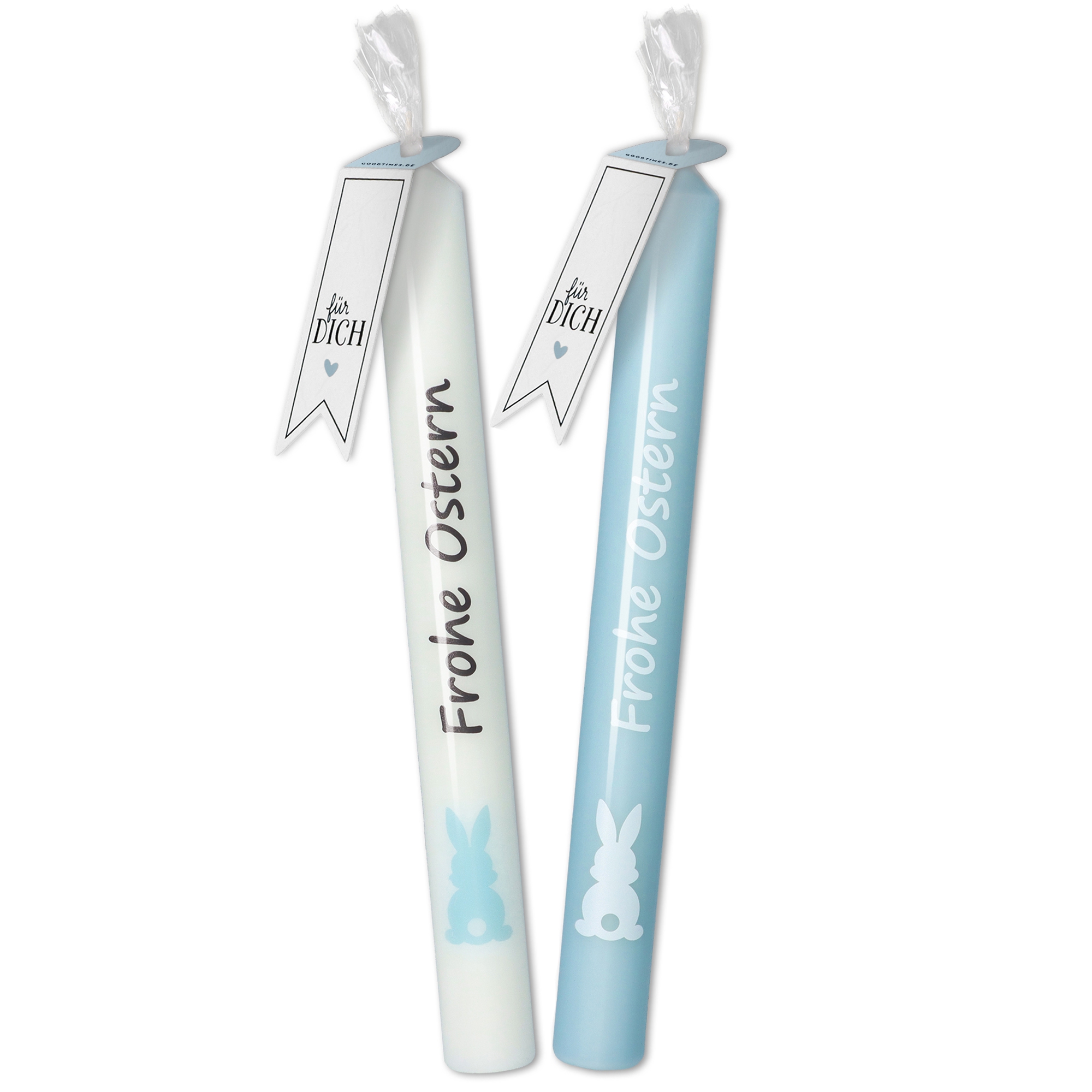 Stabkerzen-Set Hellblau / Weiß "Frohe Ostern" Stabkerzen-Set Hellblau / Weiß "Frohe Ostern"