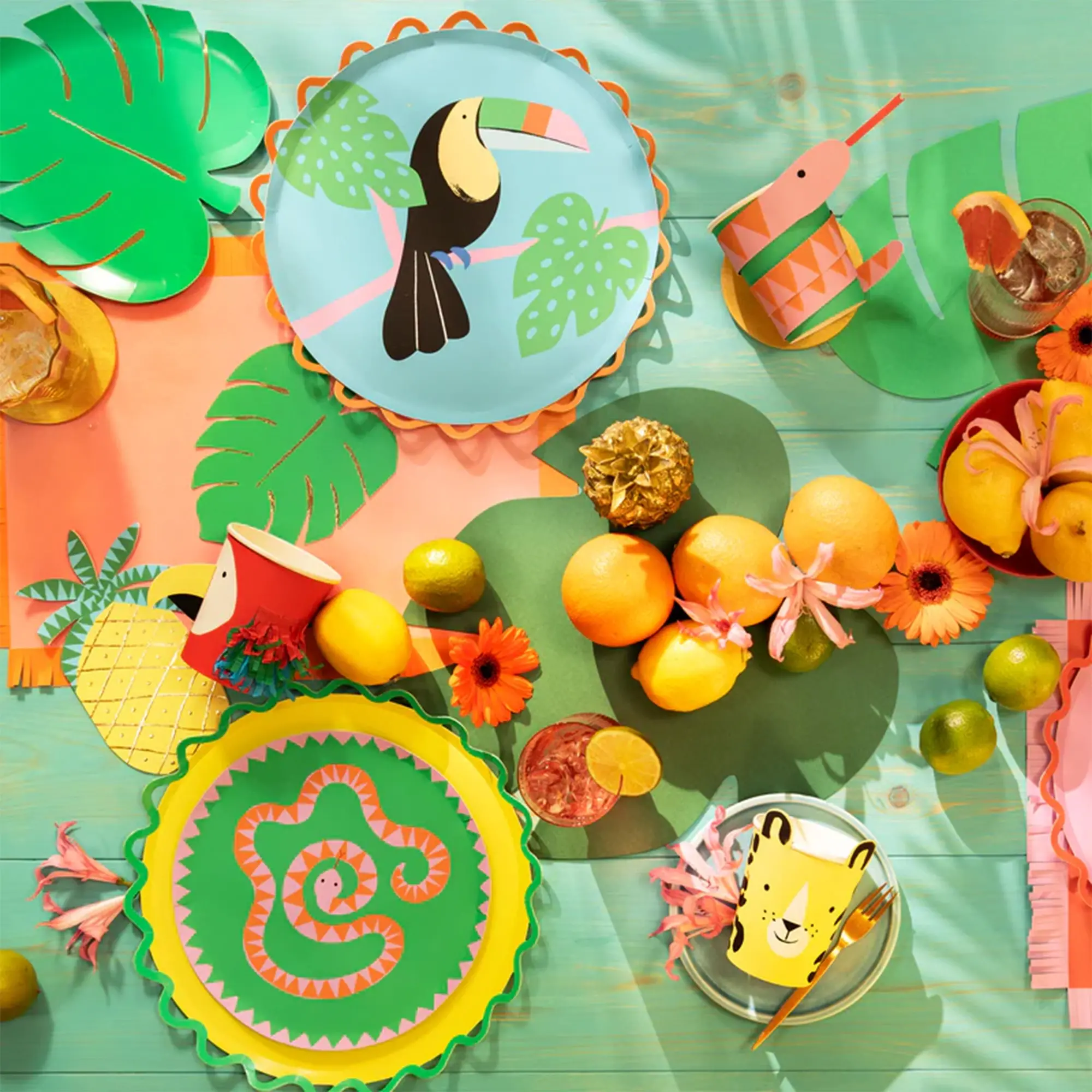 teller, tropische deko, fruchtdeko, pappteller, paradiesfarben