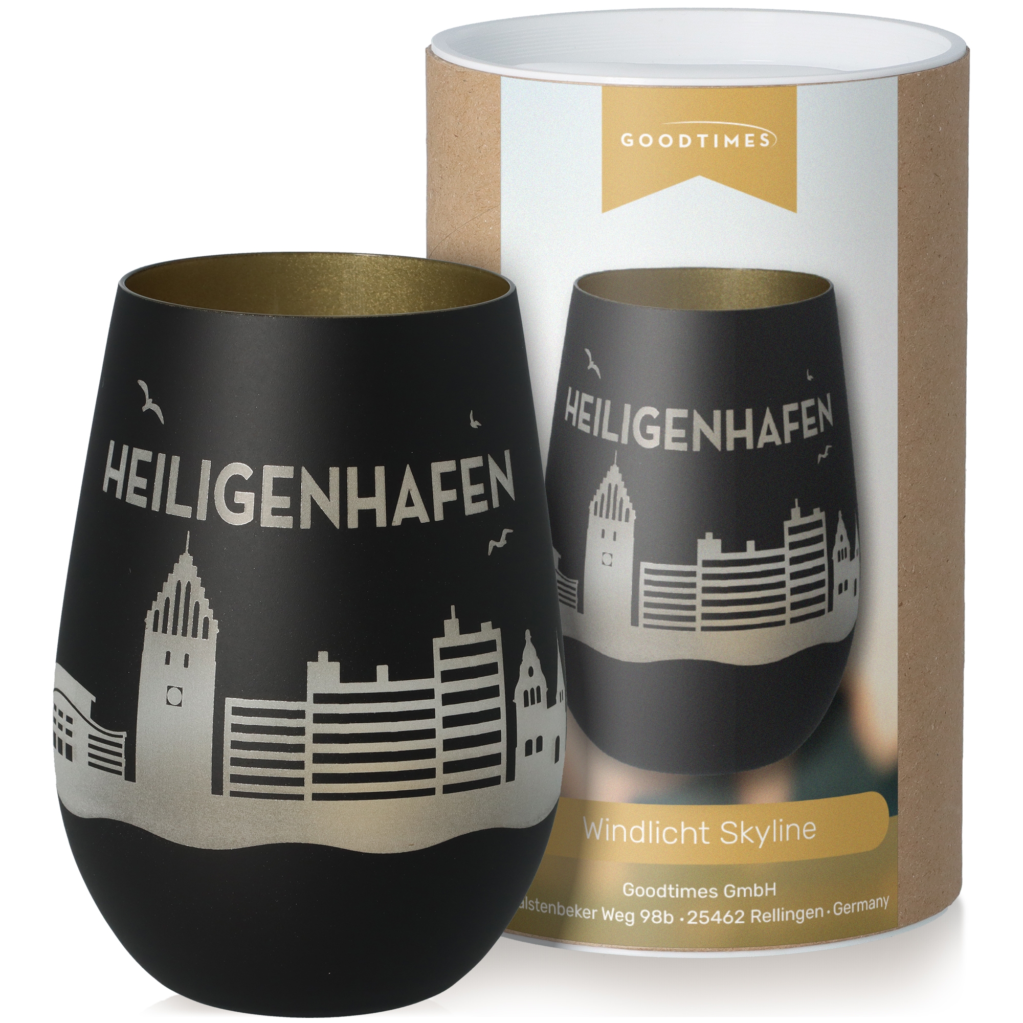 Windlicht Skyline Heiligenhafen Schwarz/Gold Töpferei, Krug, Tasse