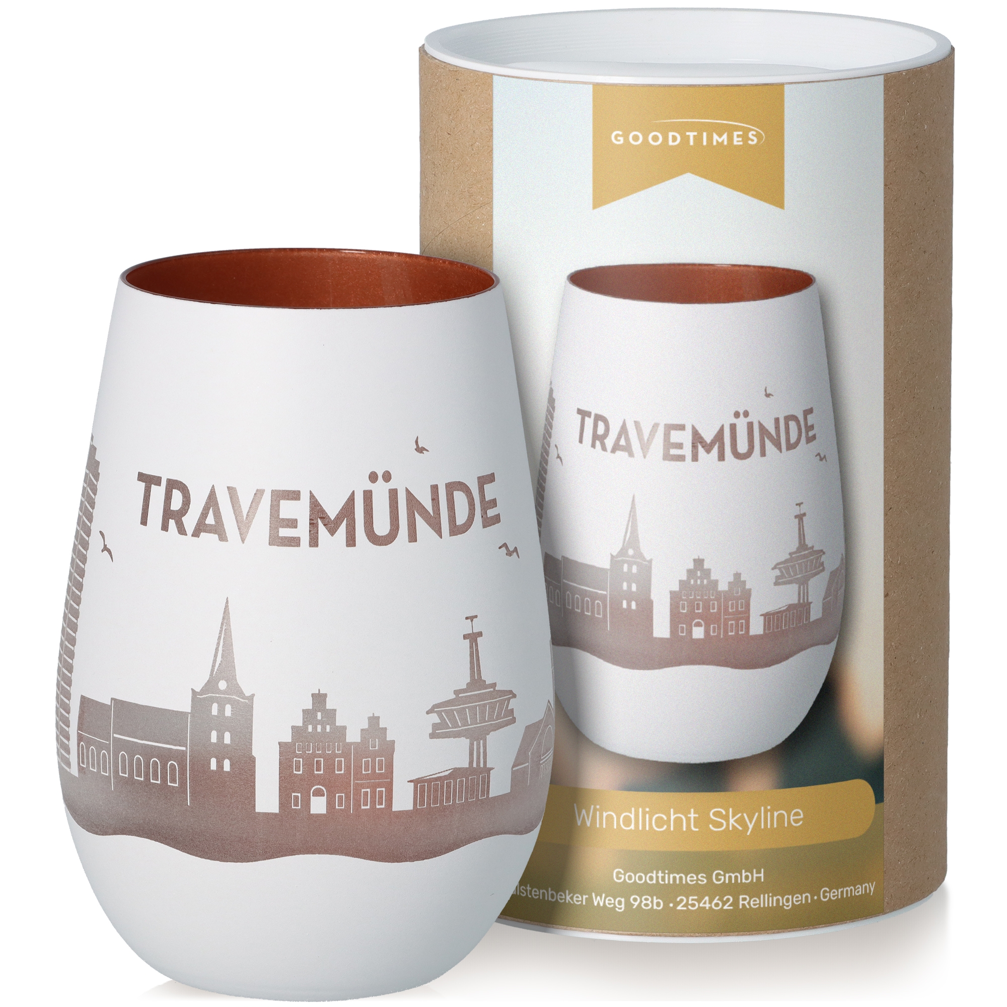 Windlicht Skyline Travemünde Weiß/Bronze Töpferei, Tasse, Kunst, Porzellan, Glas