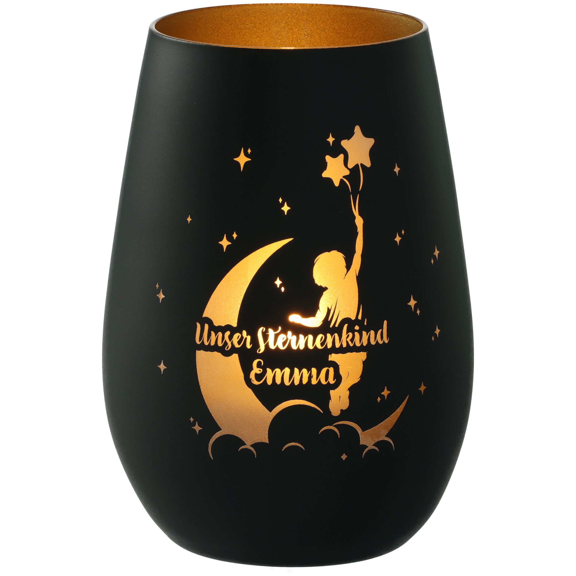 Windlicht Unser Sternenkind Schwarz/Gold "Name"