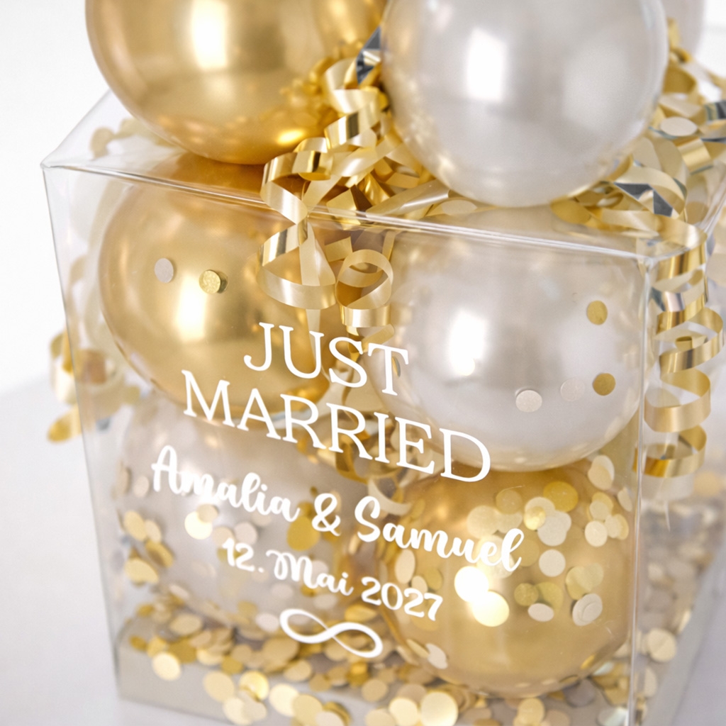 Hochzeitsgeschenk, Just Married, Konfetti, Glasbox, Goldene Kugeln