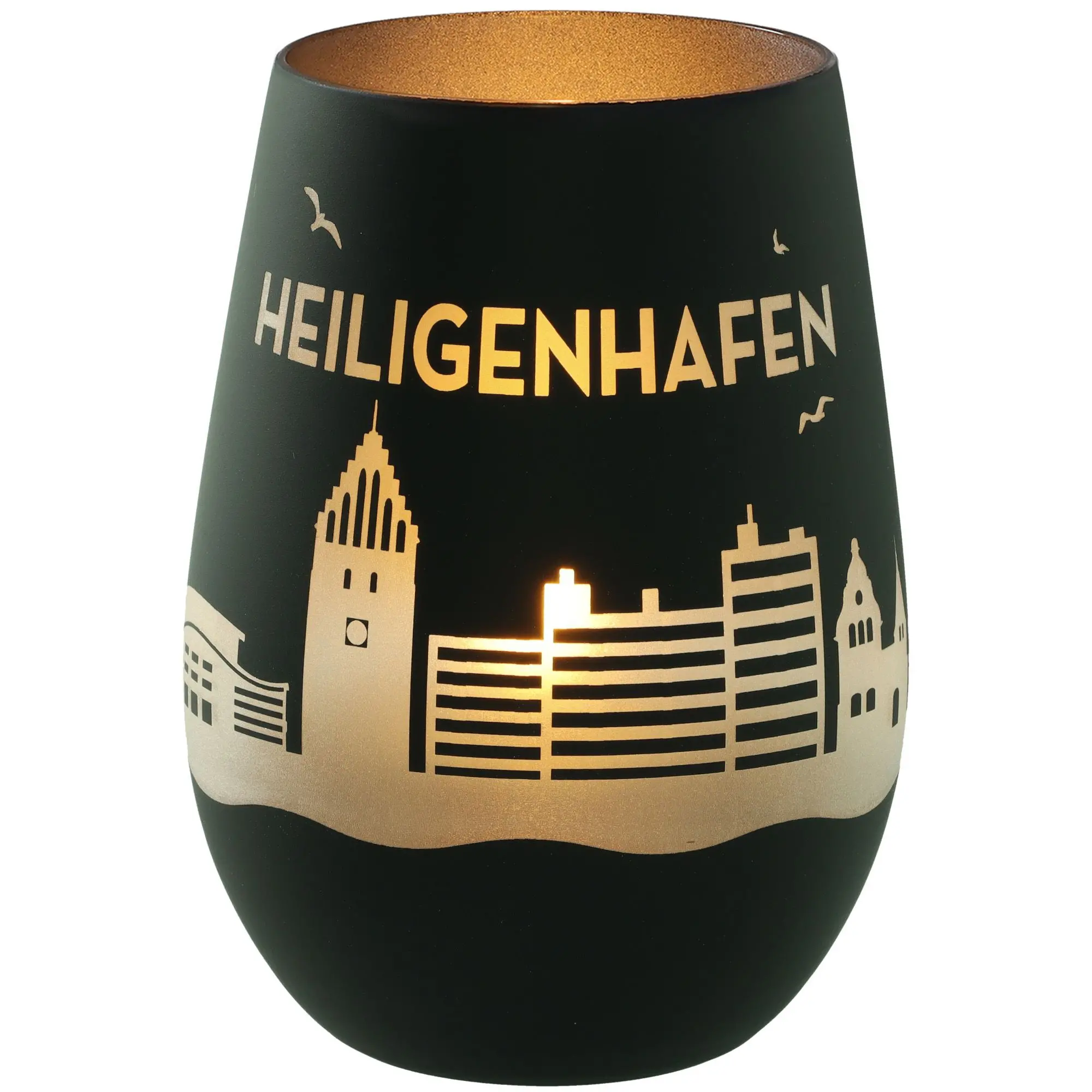 Windlicht Skyline Heiligenhafen Schwarz/Silber