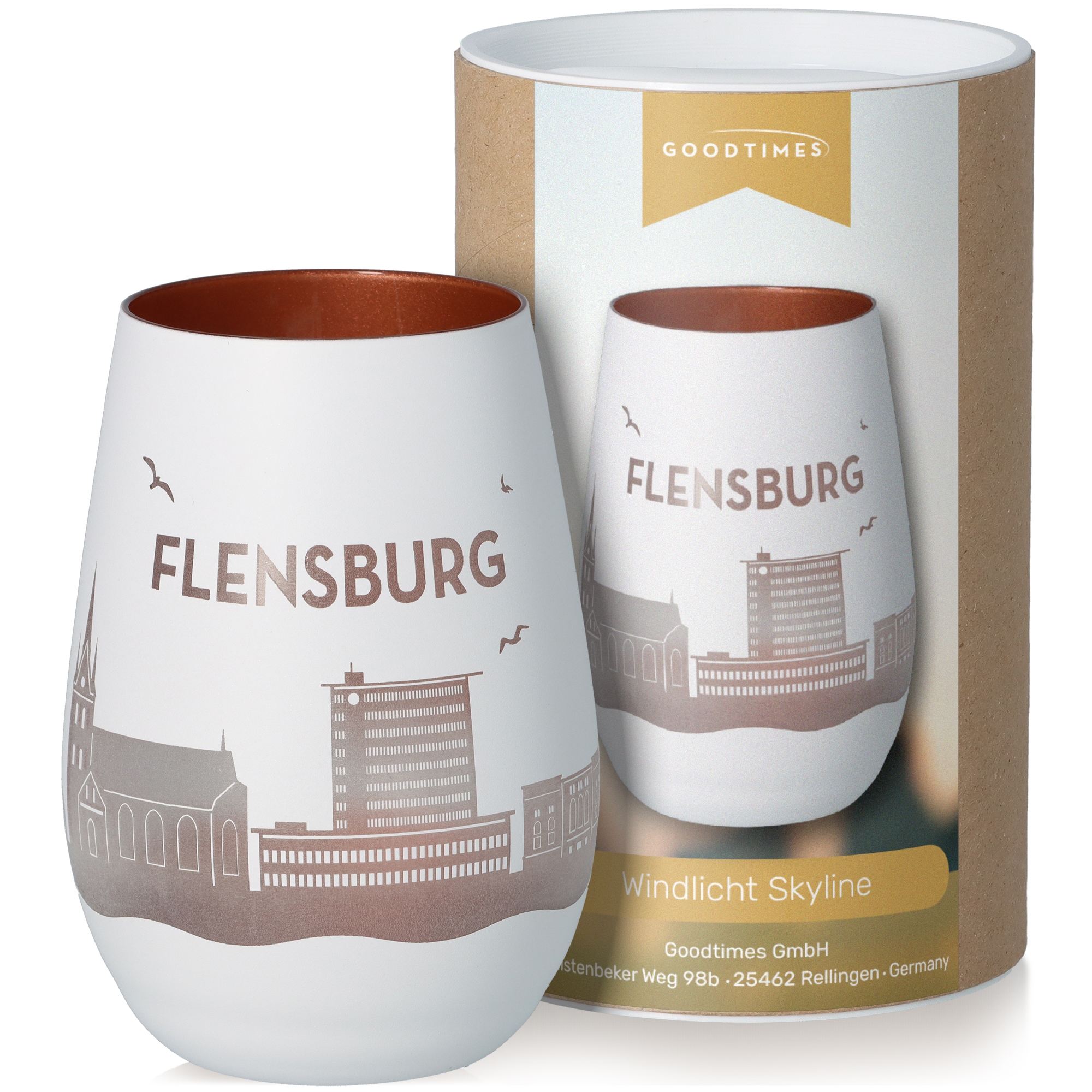 Windlicht Skyline Flensburg Weiß/Bronze Töpferei, Krug, Tasse, Kunst, Porzellan