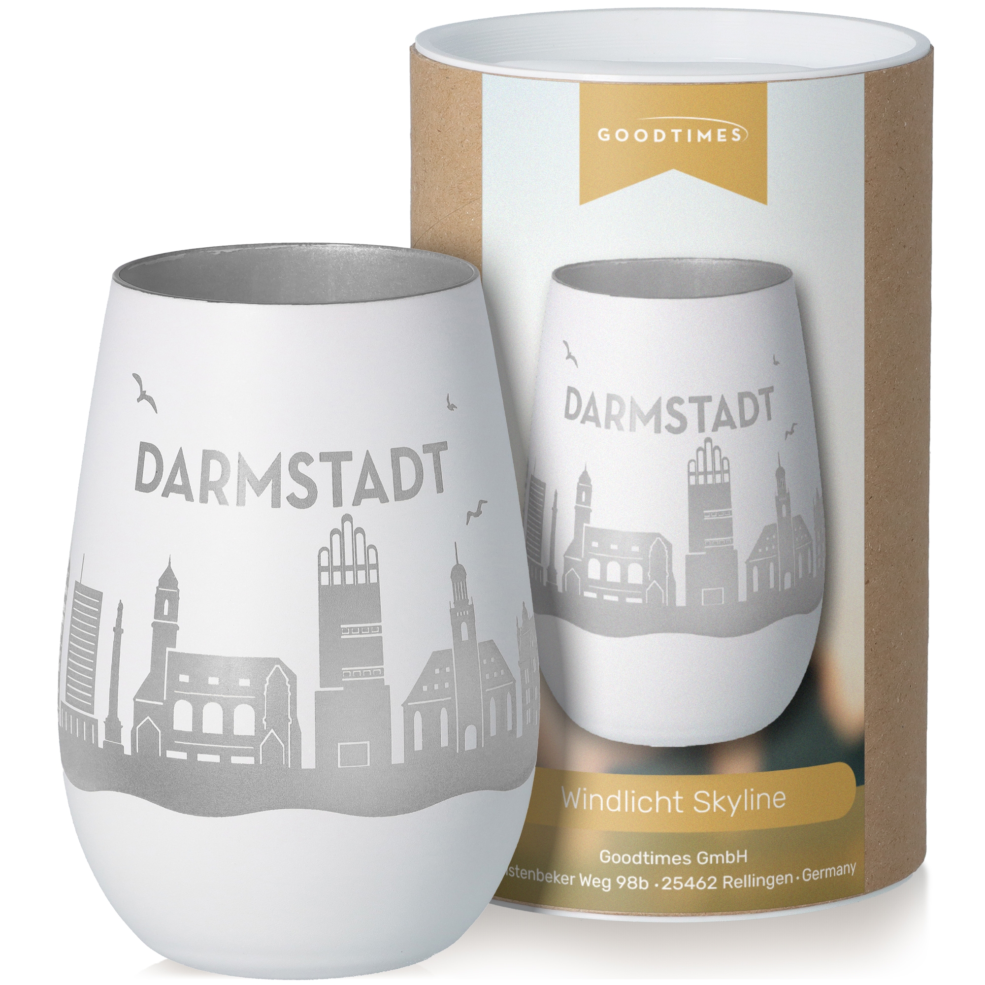 Windlicht Skyline Darmstadt Weiß/Silber Töpferei, Tasse, Glas
