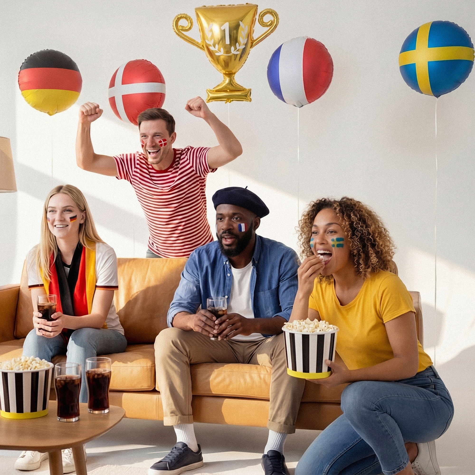 fernsehabend, fussballfans, feier, ballonflaggen, popcorn