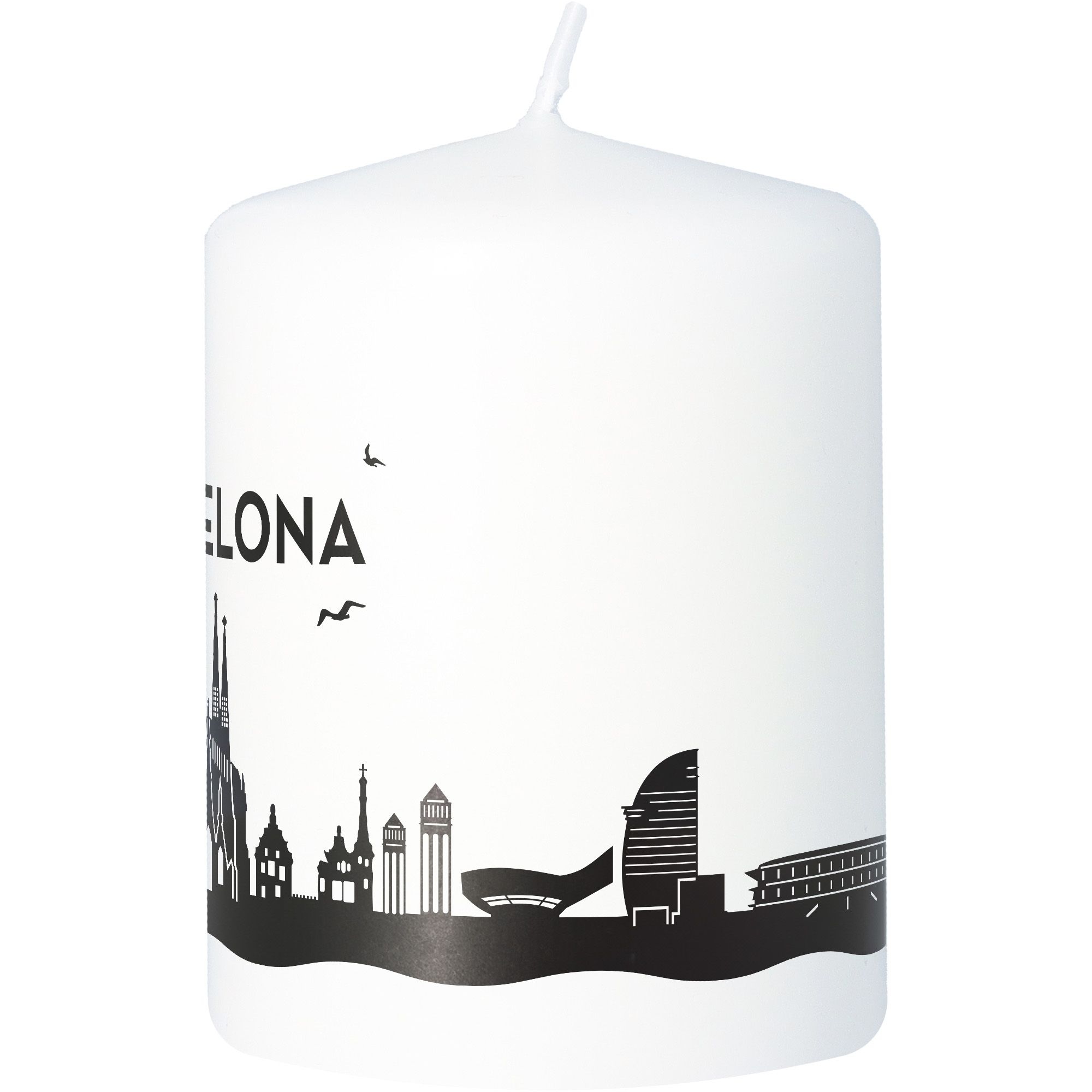 Stumpenkerze Skyline Barcelona Weiß Kerze