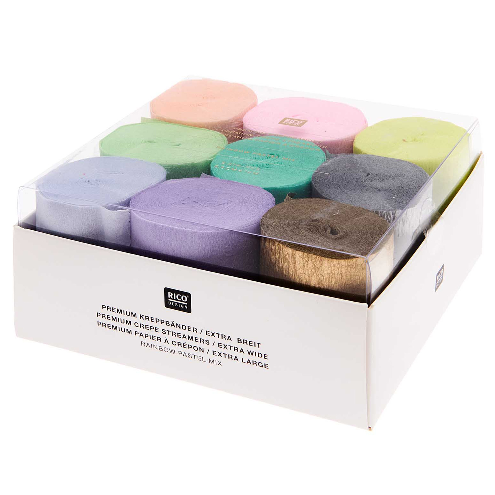 Kreppbänder "Regenbogen Paastell Mix" 9 Rollen je 10 m Kreppbänder "Regenbogen Paastell Mix" 9 Rollen je 10 m